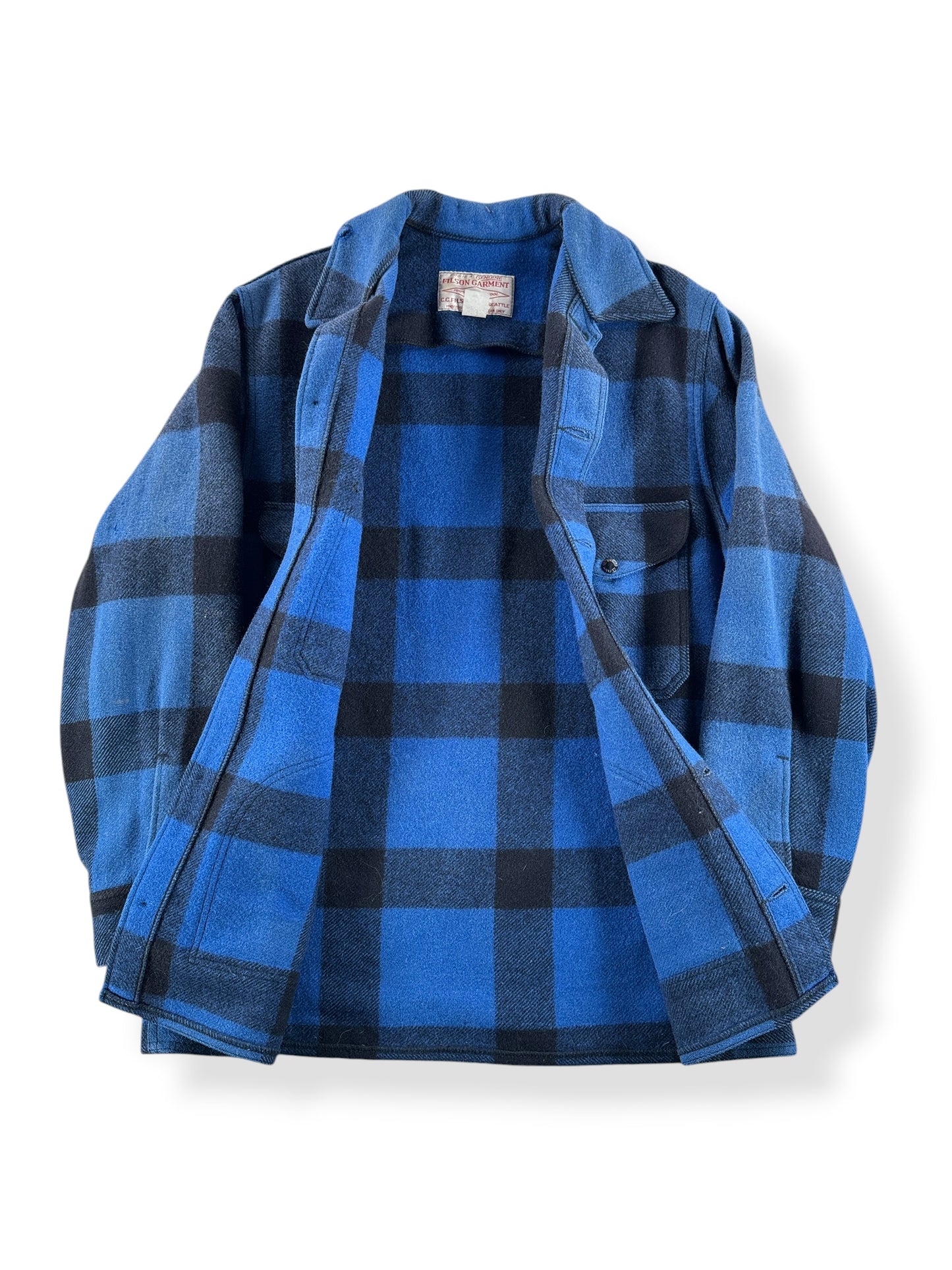 Inside of Vintage Cobalt Blue Filson Hunting Mackinaw Jacket SZ L