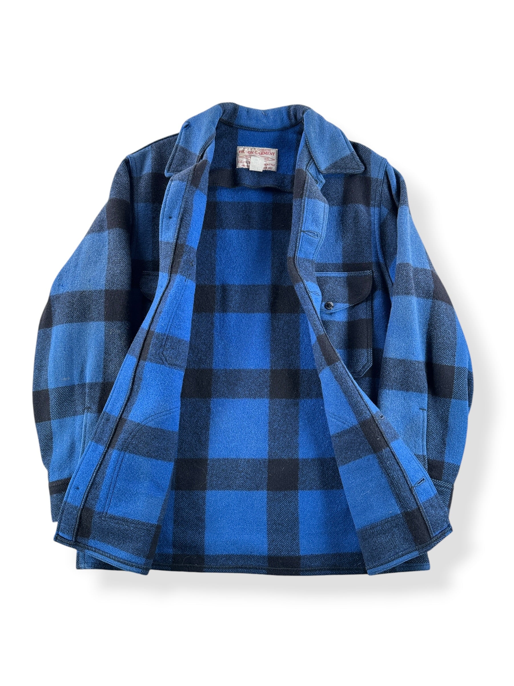 Inside of Vintage Cobalt Blue Filson Hunting Mackinaw Jacket SZ L