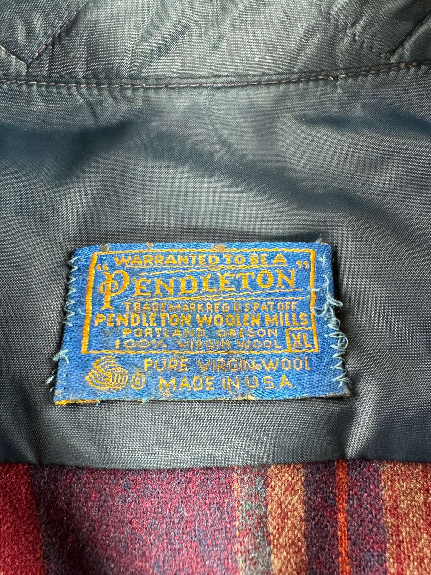 Label on Vintage Pendleton Navy & Maroon Flannel SZ XL - AS IS