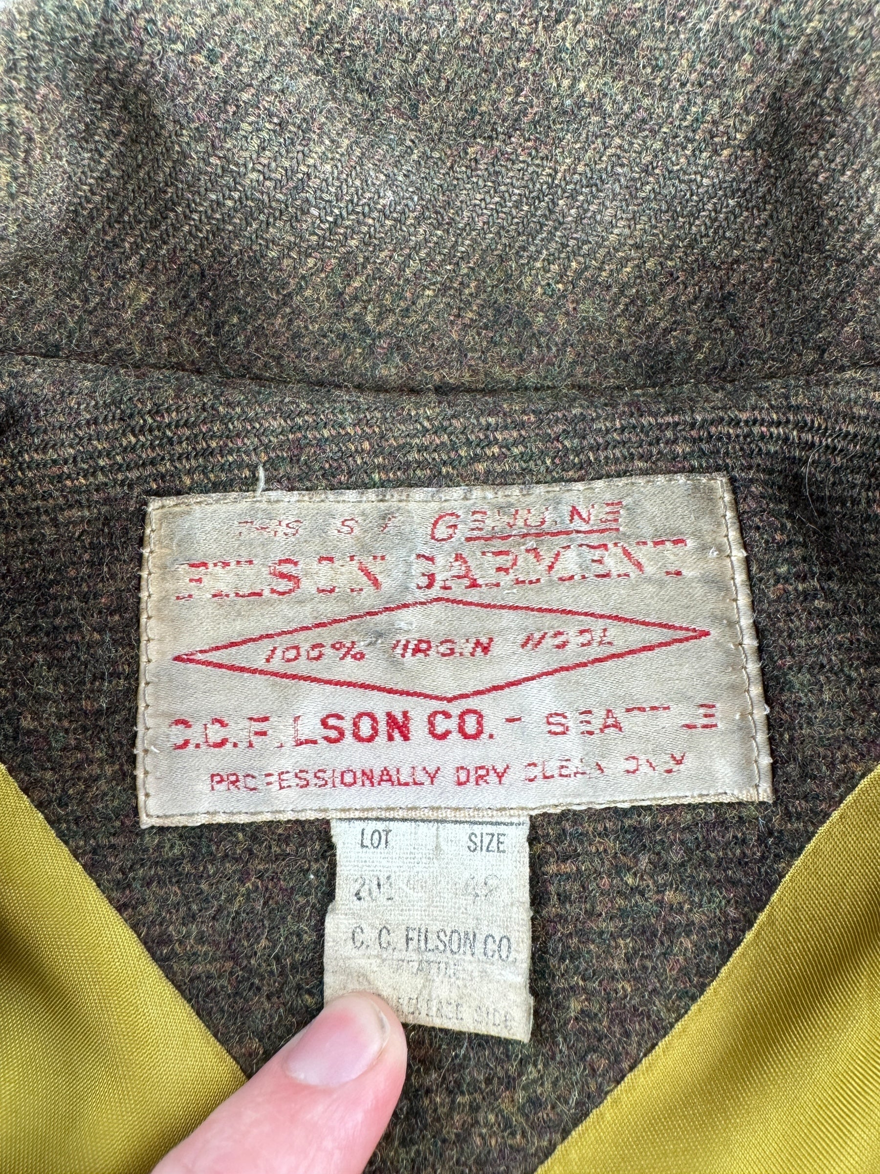 Tag on Vintage Filson Car Coat Style 201 SZ 42 AS IS