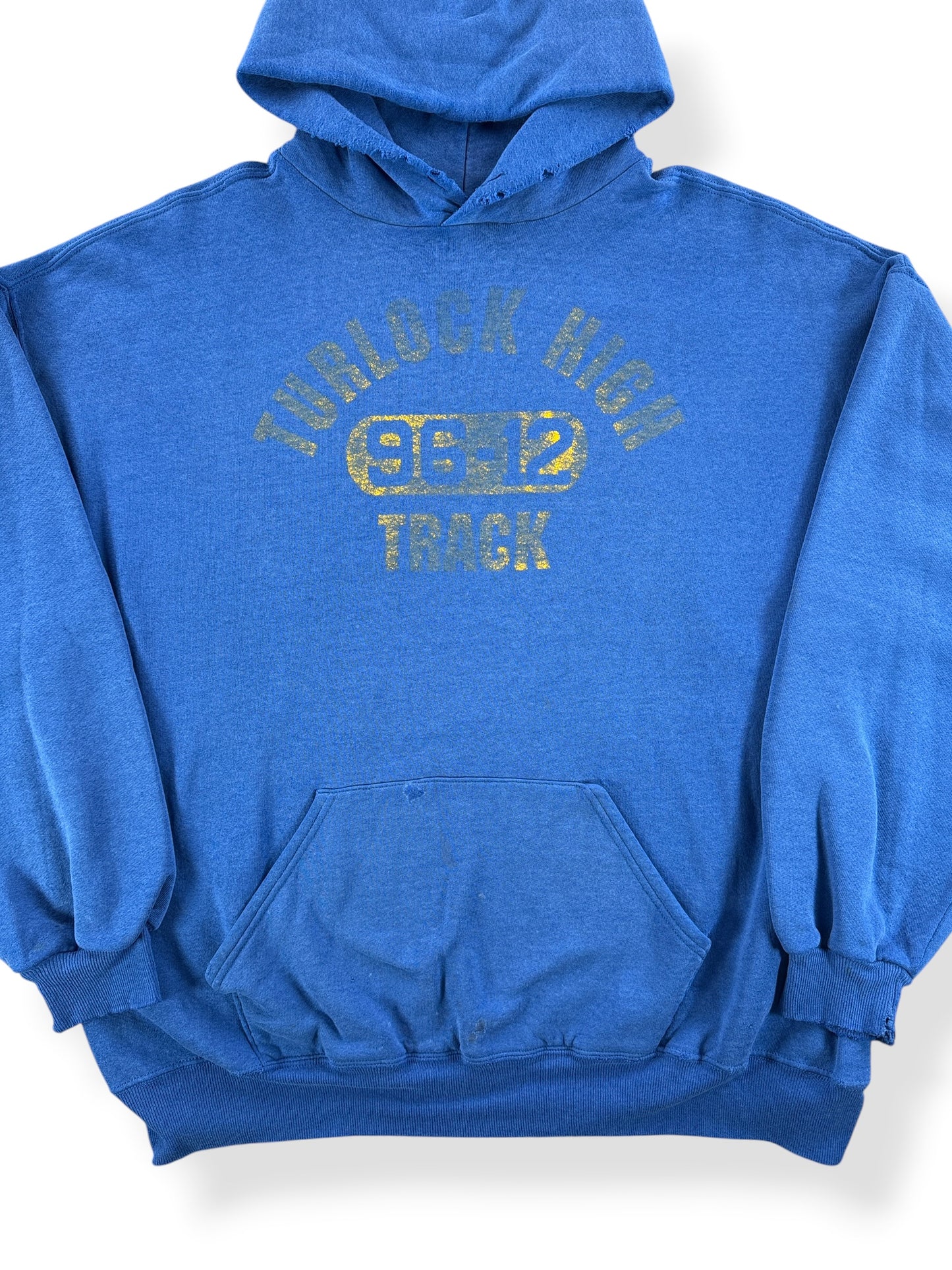 Front Close Up of Vintage Distressed Turlock High Hoodie SZ XXL