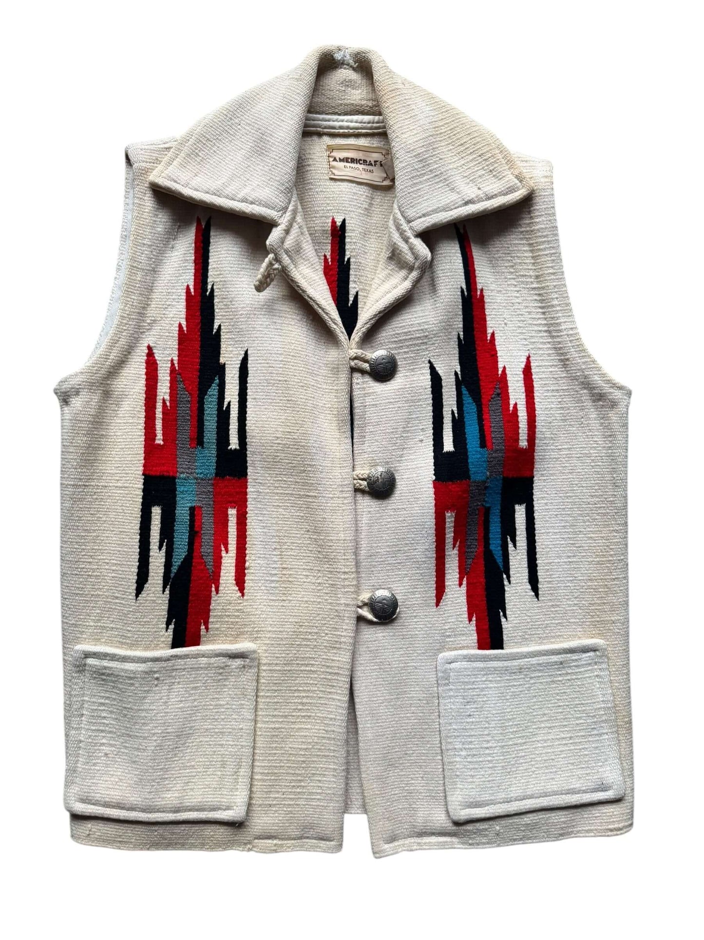 Front flat lay of 1970s Americraft Chimayo Vest L