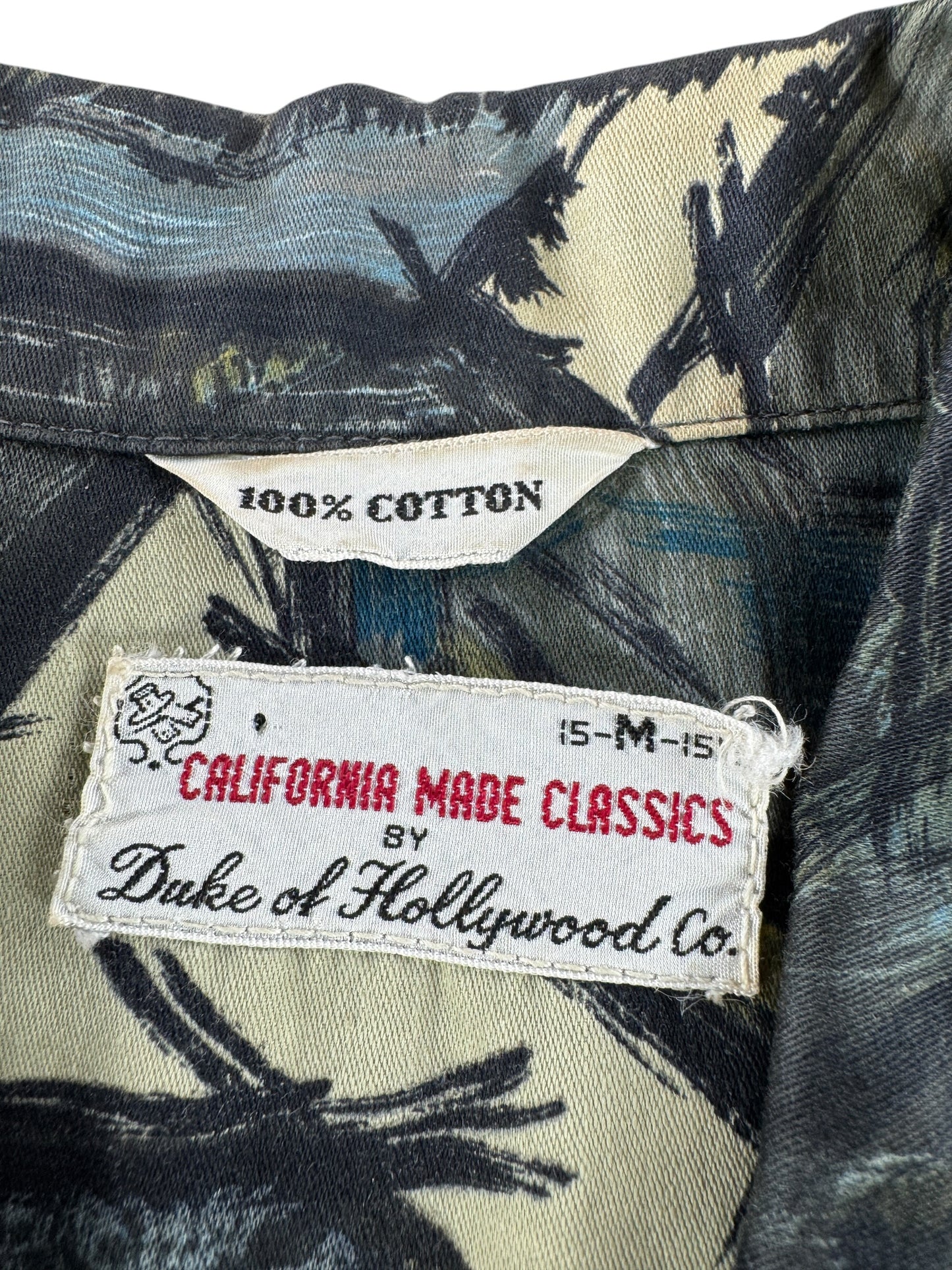 Label on Vintage Duke of Hollywood Cotton Aloha Shirt SZ M