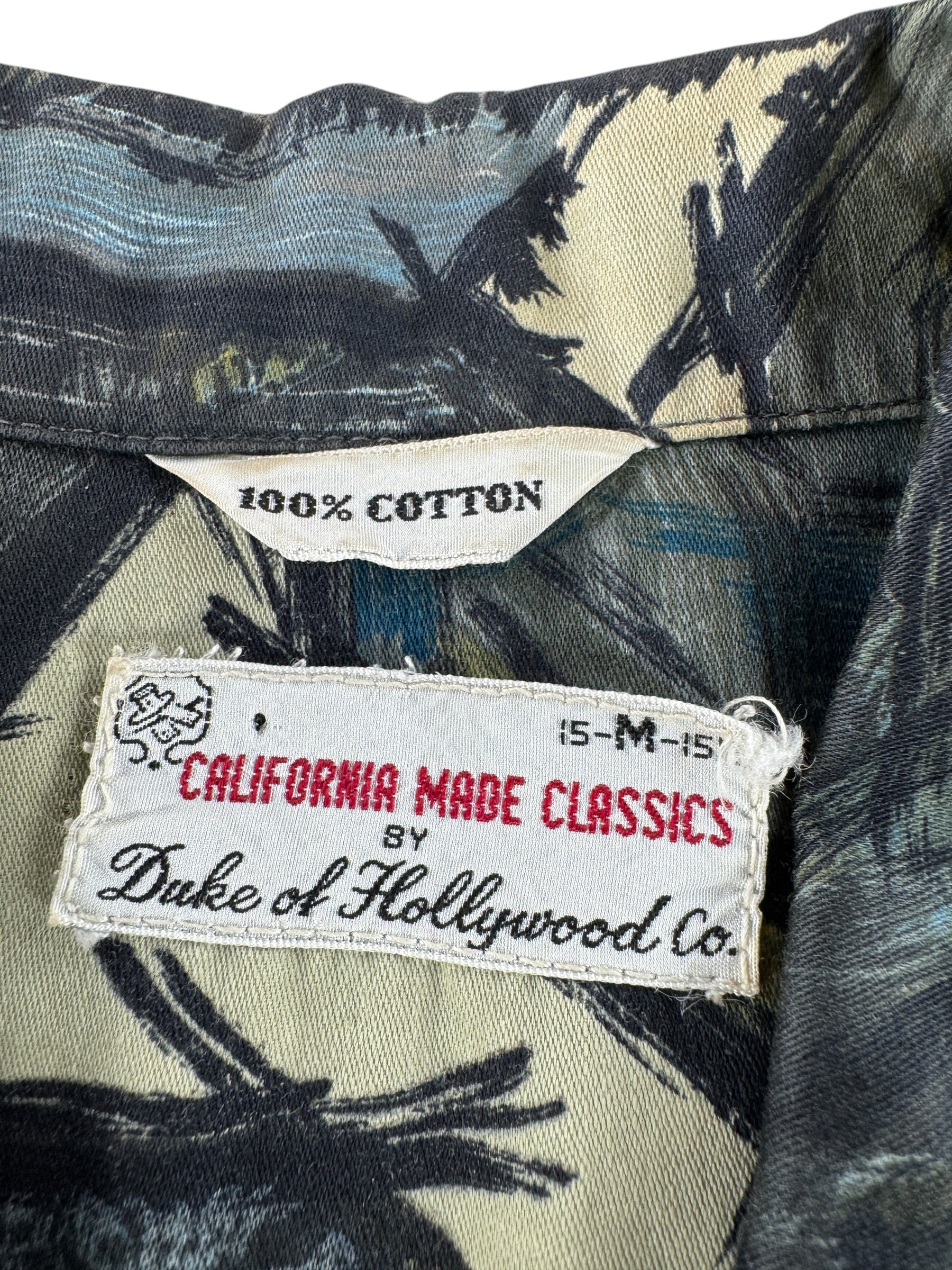 Label on Vintage Duke of Hollywood Cotton Aloha Shirt SZ M