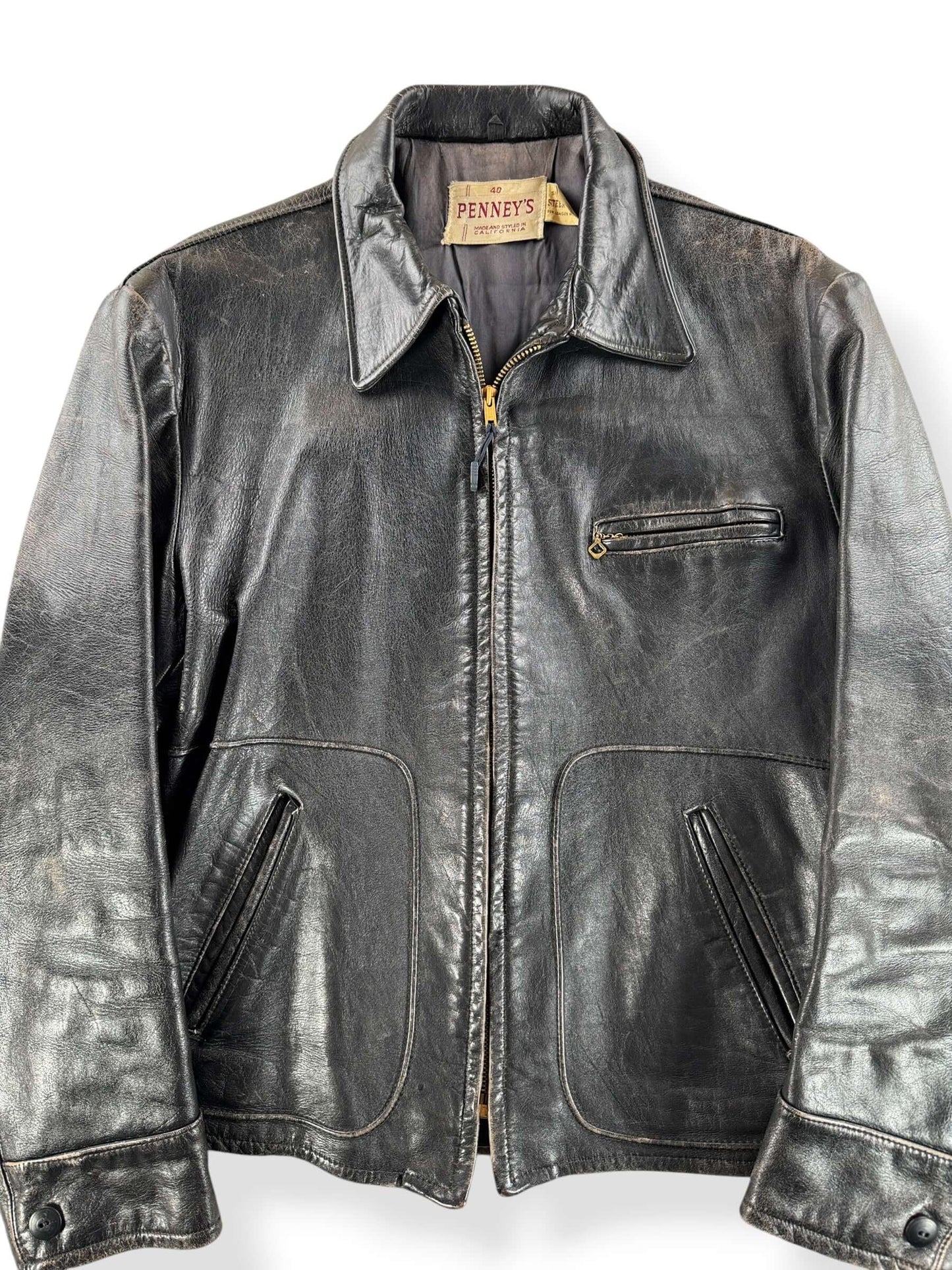 Front Close Up of Vintage 50s Penny's Leather Jacket SZ 40