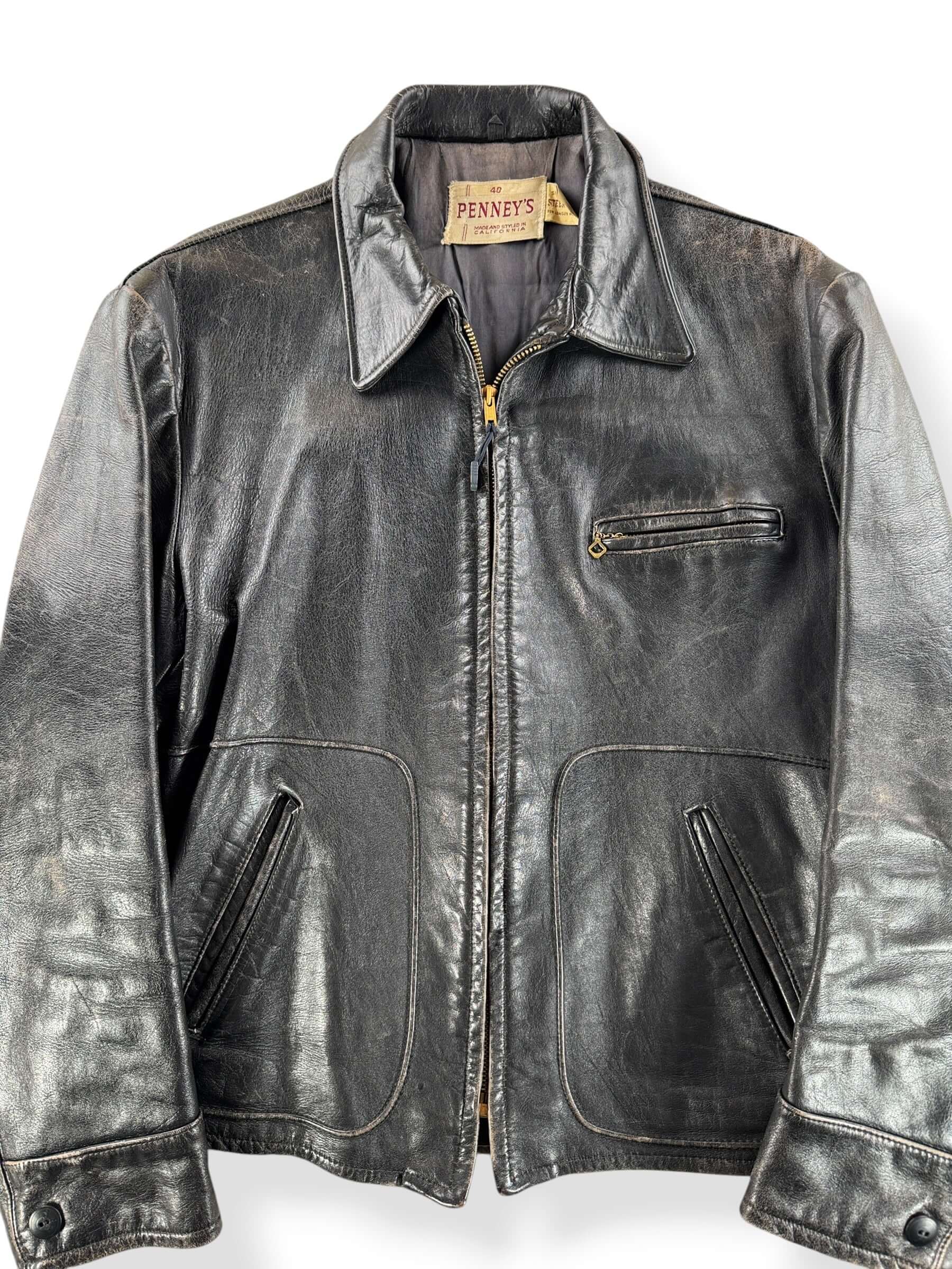 Front Close Up of Vintage 50s Penny's Leather Jacket SZ 40