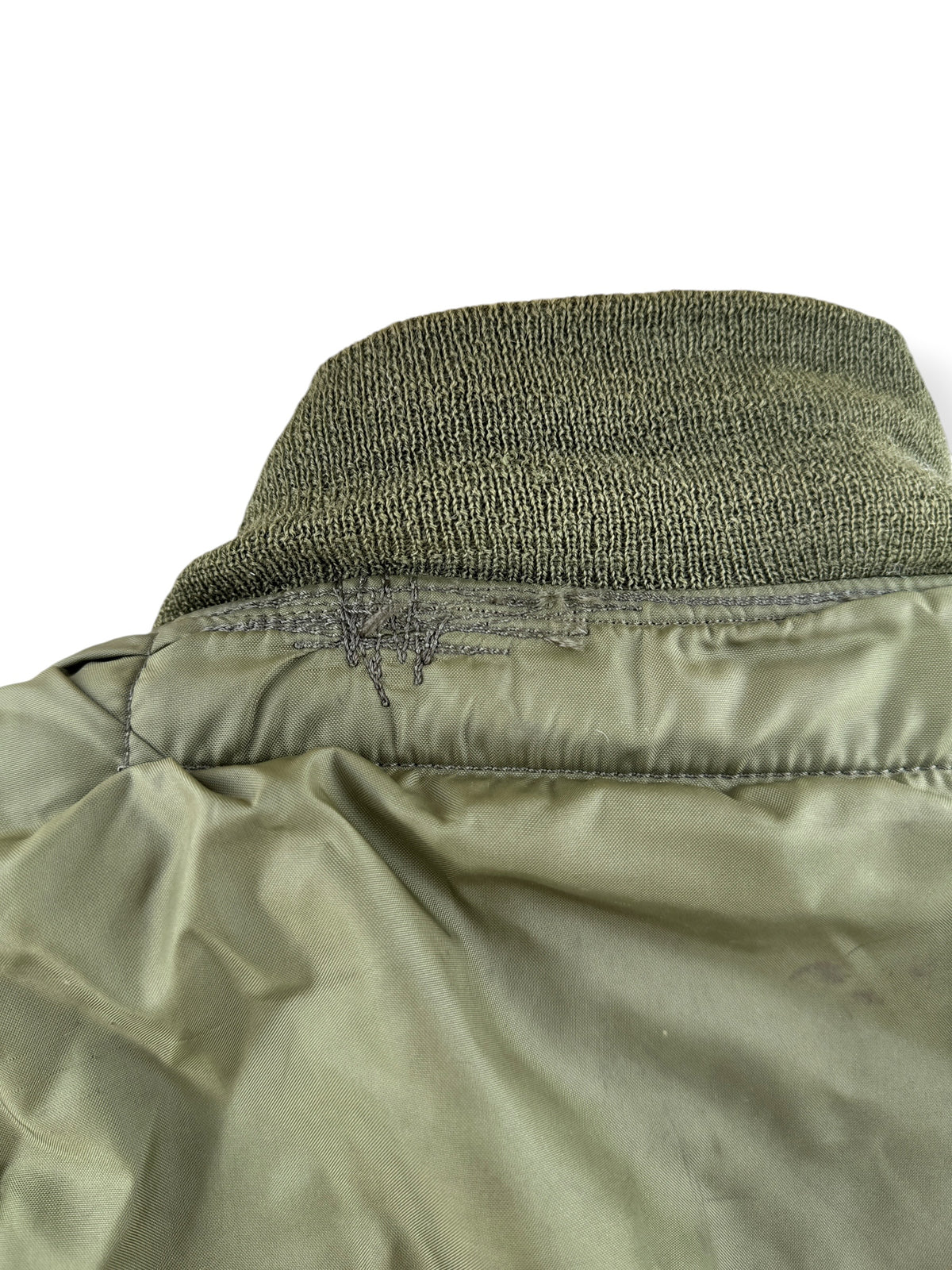 Repair on back of collar on Vintage Vietnam Winter Flyers Jacket w/ Patches SZ 46
