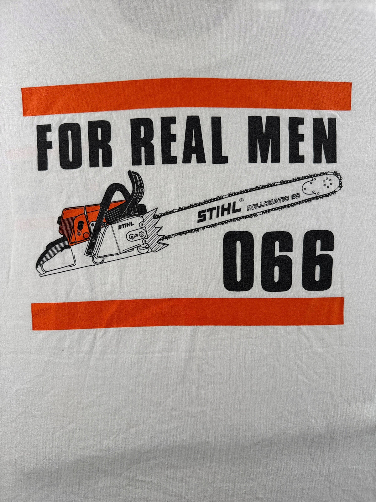 Back Close Up Of Vintage 90s Stihl 066 Chainsaw Tee SZ XL