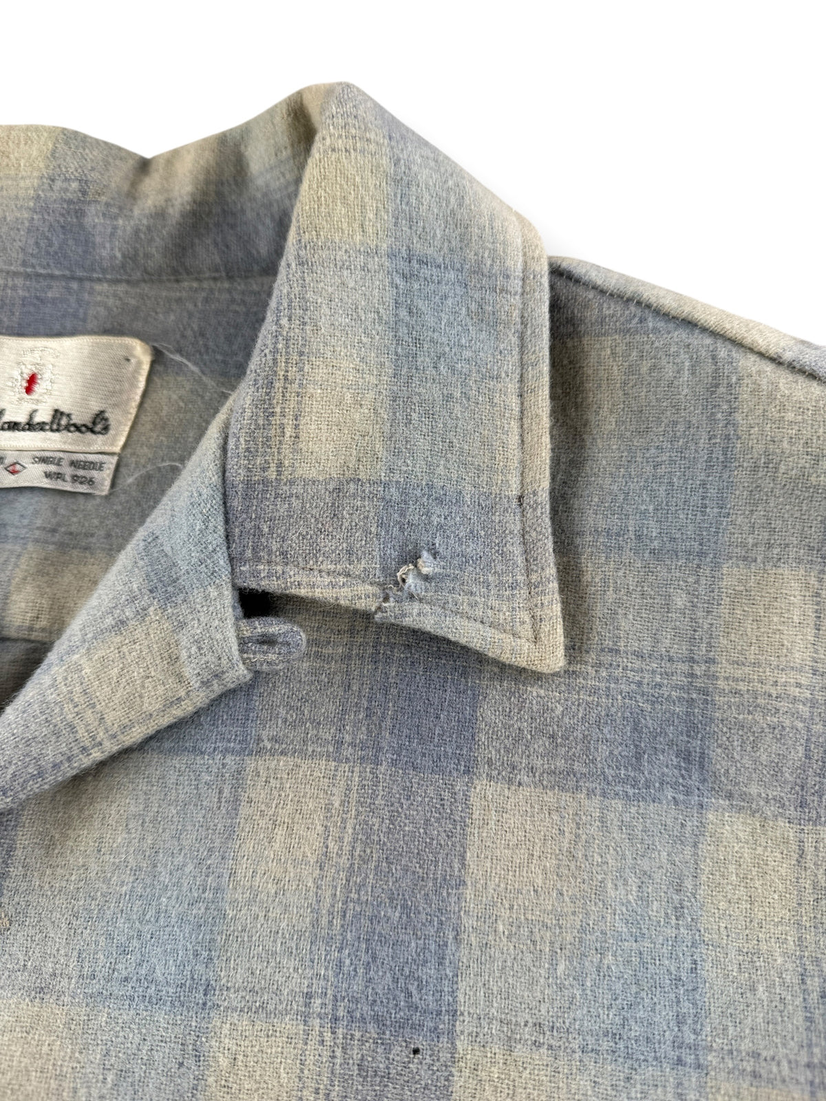 Damage on collar of Vintage Highlander Woolen Mills Blue Plaid Flannel SZ L - AS IS