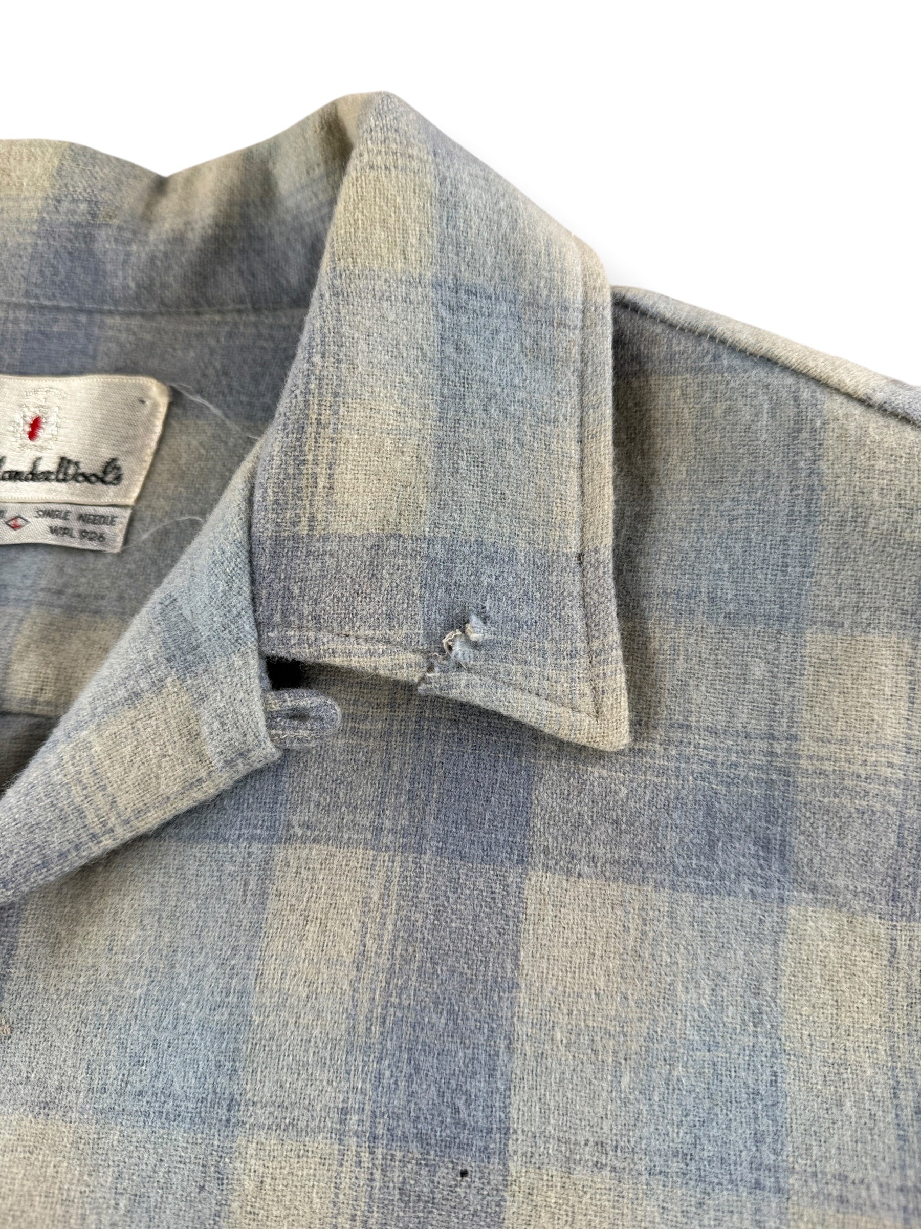Damage on collar of Vintage Highlander Woolen Mills Blue Plaid Flannel SZ L - AS IS