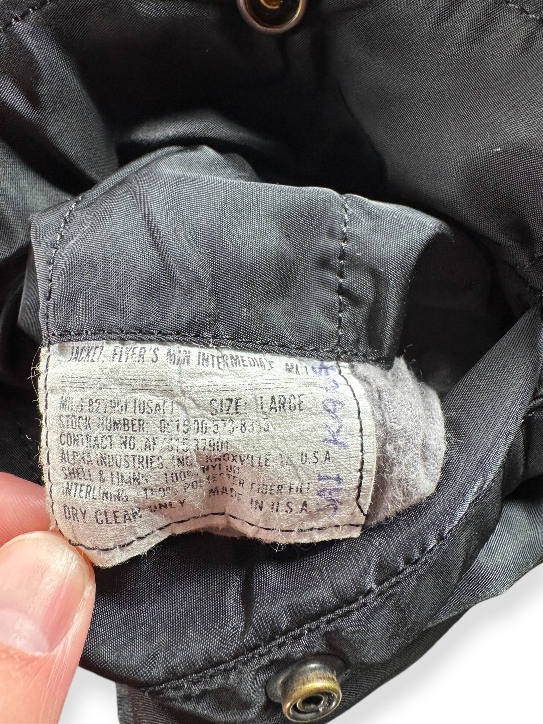 Label on Vintage Black Bomber Jacket SZ L