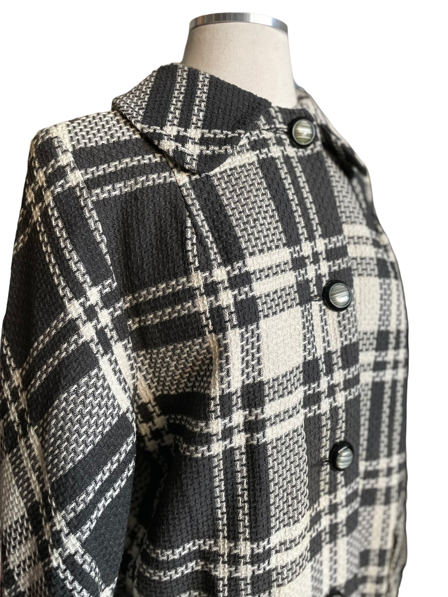 Right side front view of Vintage 1960s Black and White Plaid Coat | Barn Owl Ladies Coats | Seattle True Vintage