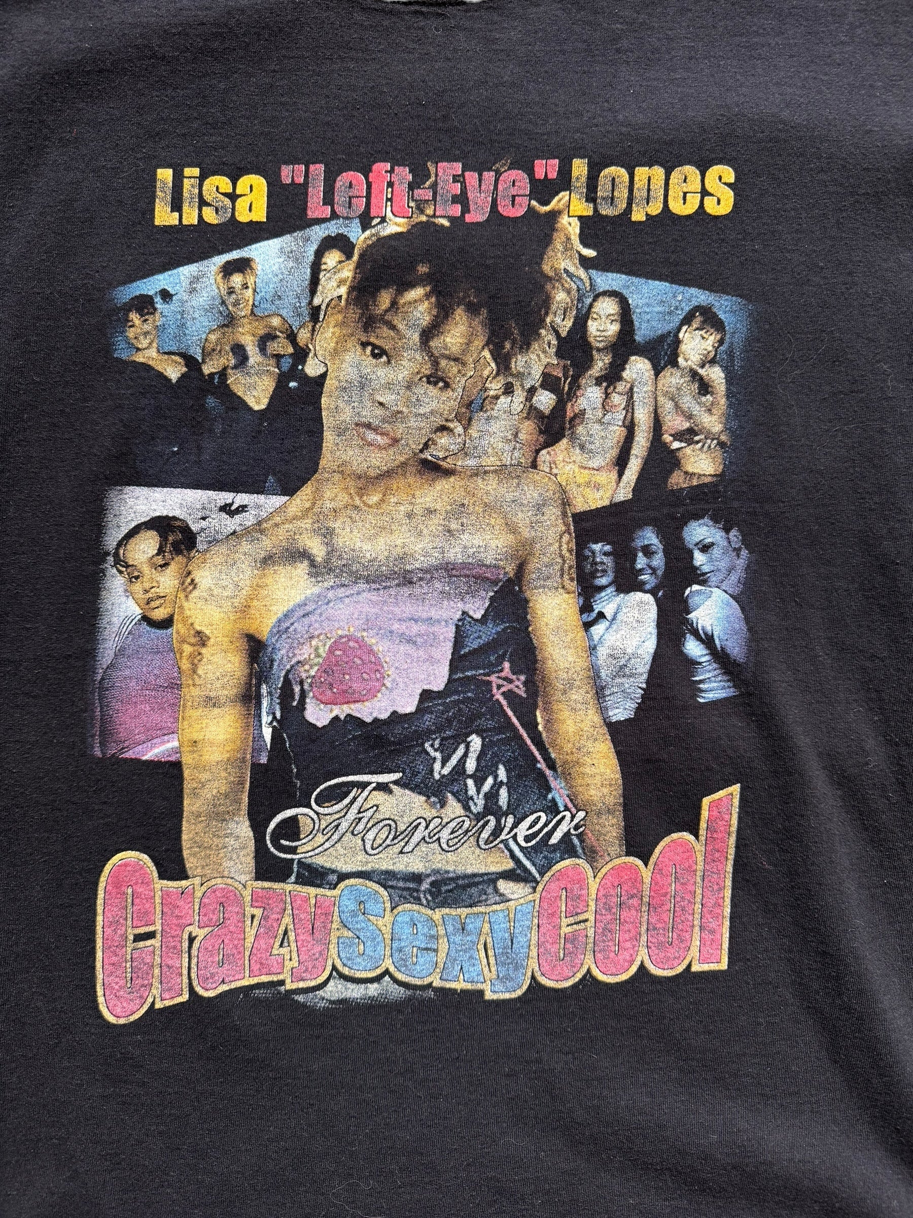 front close up of Vintage Lisa "Left-Eye" Lopez TLC Memorial Rap Tee SZ L