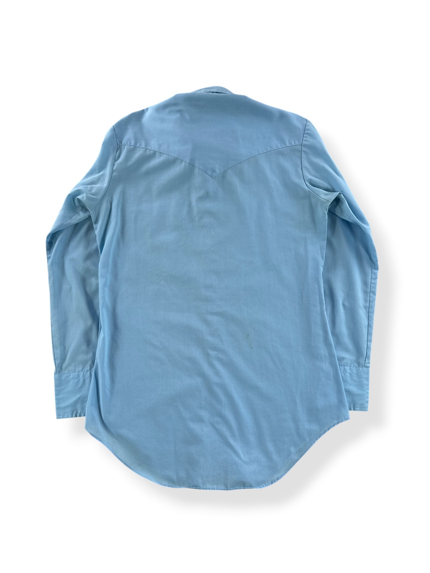 Back of Vintage Sears Cotton/Poly Light Blue Pearlsnap SZ S