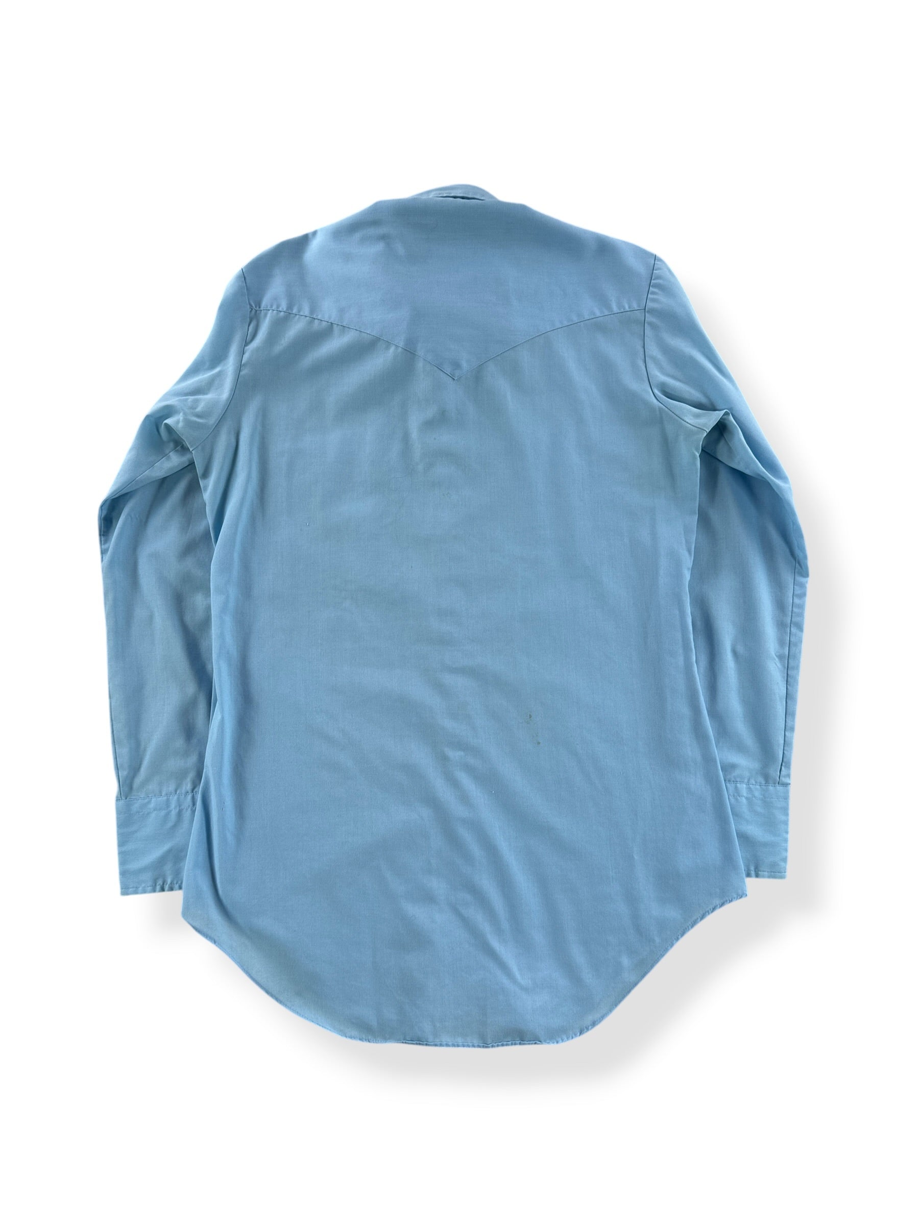 Back of Vintage Sears Cotton/Poly Light Blue Pearlsnap SZ S