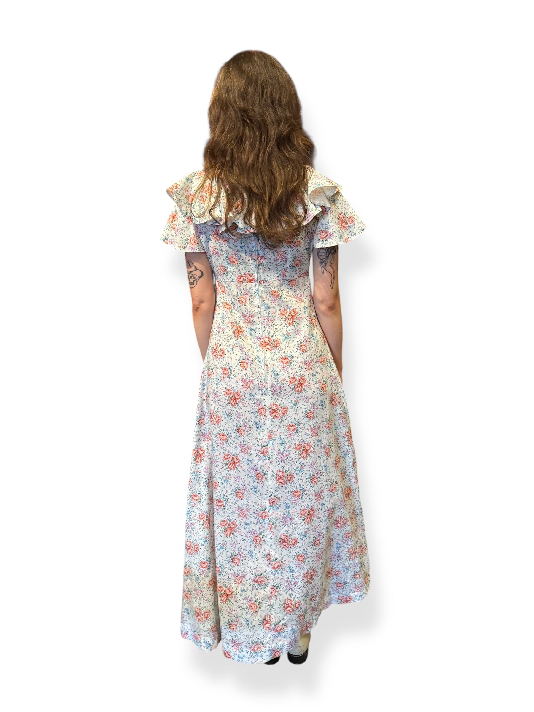 Back view of 1970s Floral Ruffle Maxi Dress S