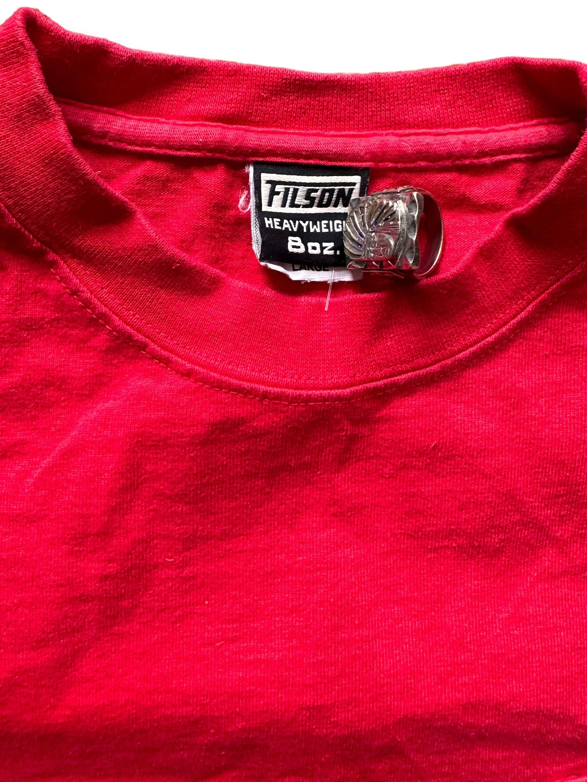 Tag View of Red Filson Loopwheel Heavyweight Cotton Pocket Tee SZ L |  Barn Owl Vintage Goods | Vintage Filson Workwear Seattle