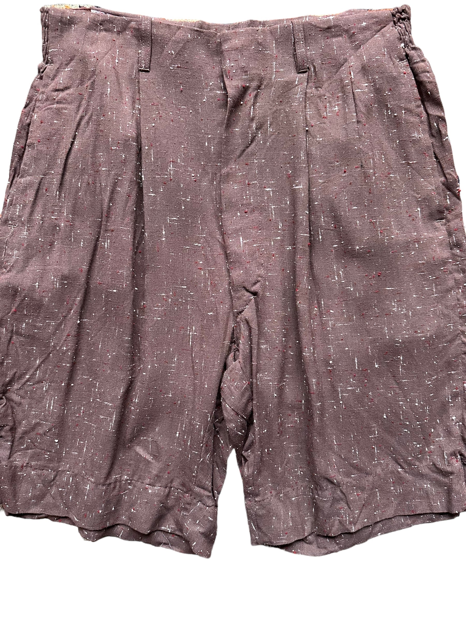 Front Detail on Vintage Atomic Fleck Rayon Shorts W30 |  Barn Owl Vintage Goods | Vintage Shorts Seattle