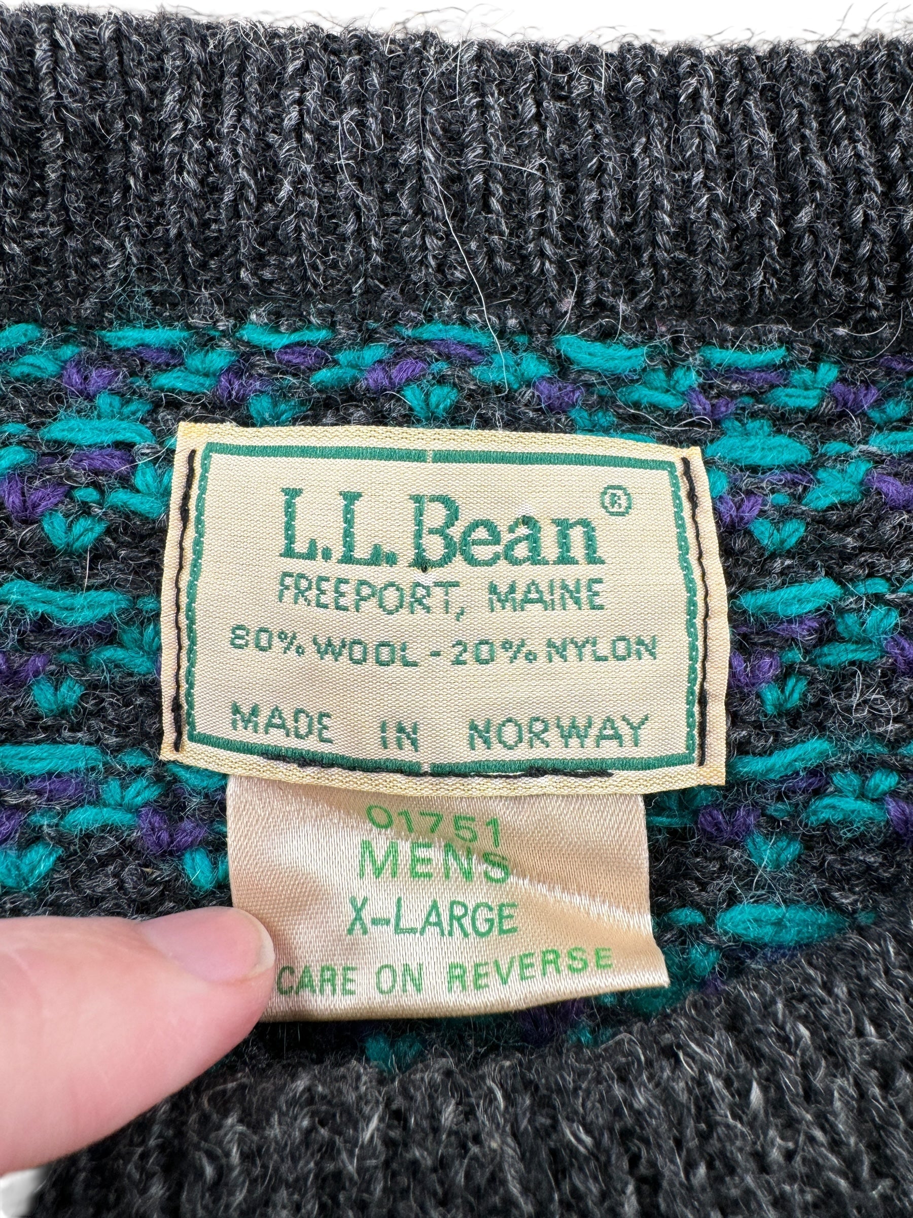Tag on Vintage LL Bean Purple Green Birdseye Sweater SZ XL