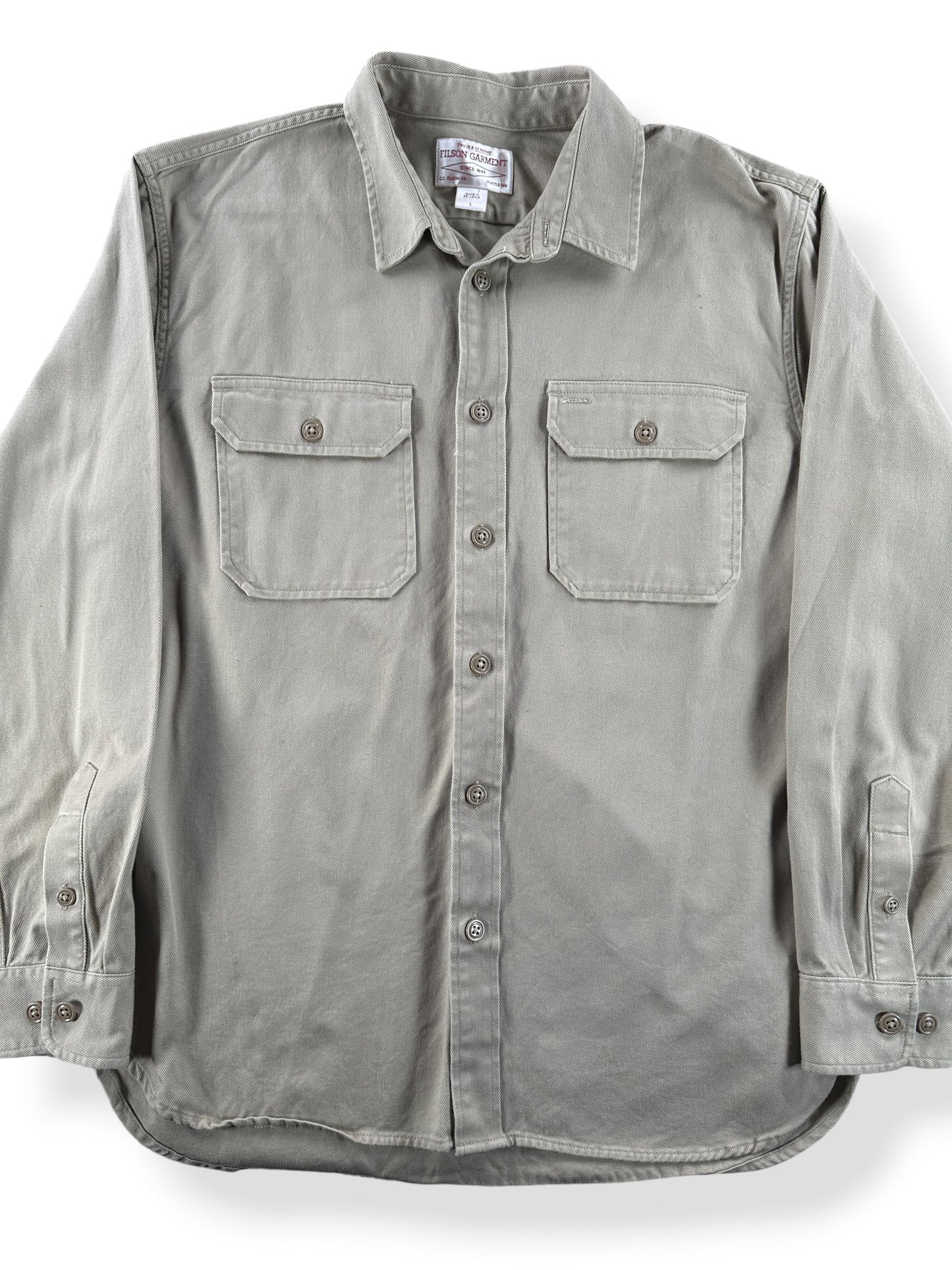 Front Close Up of Filson 6-Oz Drill Chino Shirt Khaki SZ L