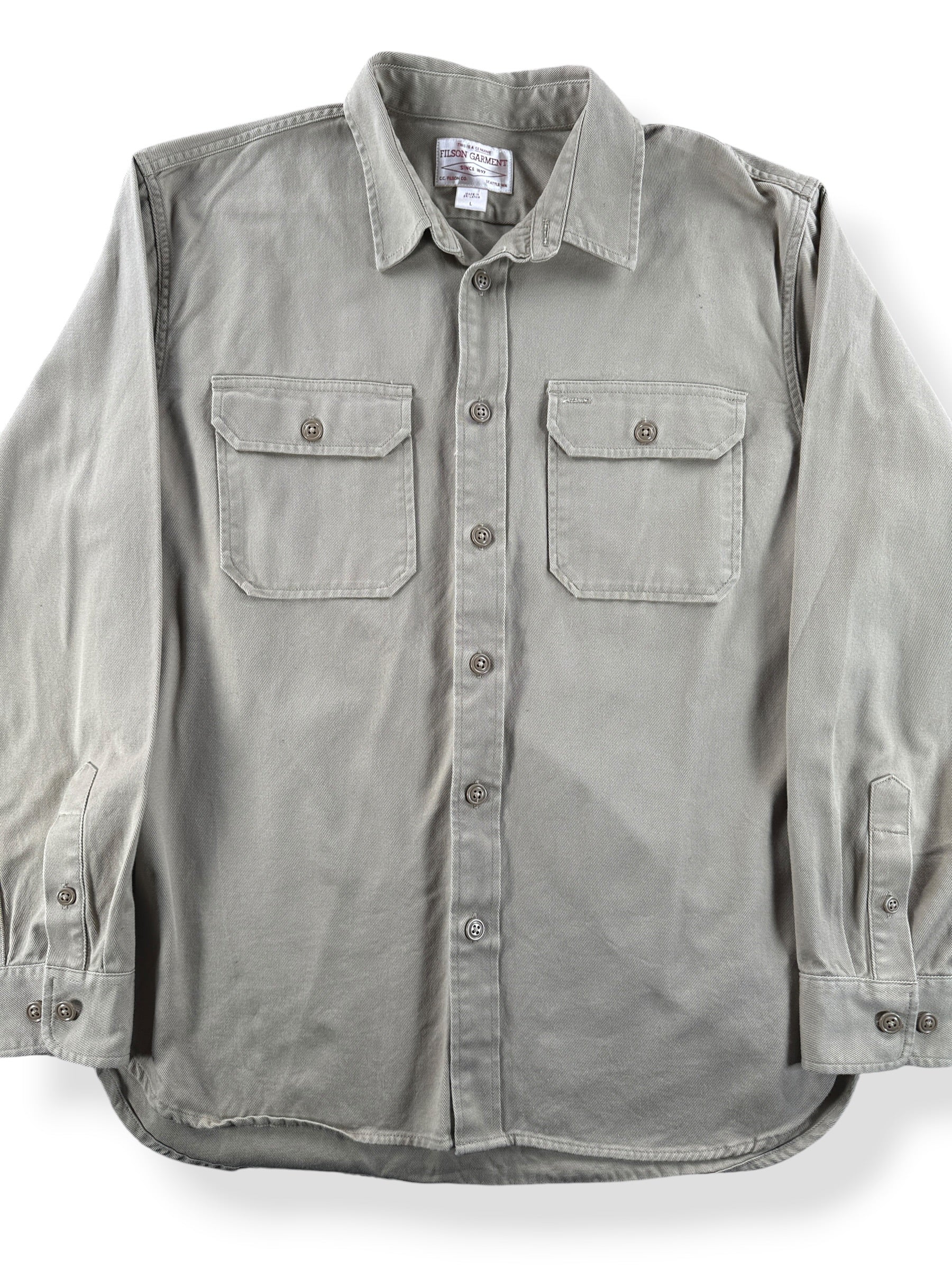 Front Close Up of Filson 6-Oz Drill Chino Shirt Khaki SZ L