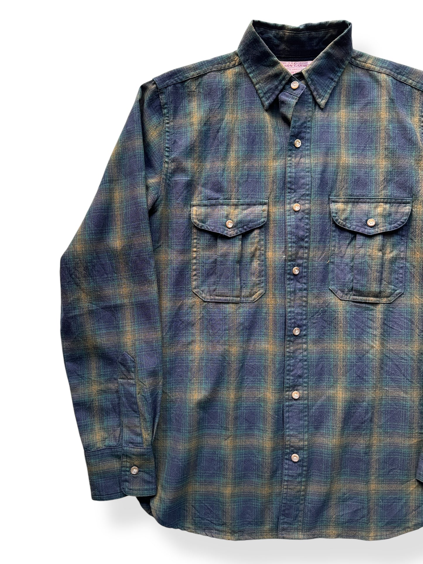 Front Right of Filson Green & Brown Wool Flannel SZ S