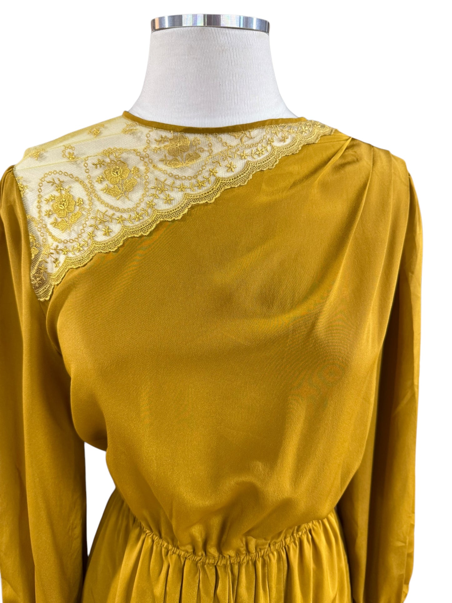 Front top view of 1940s Mustardy rayon and Lace Dress M