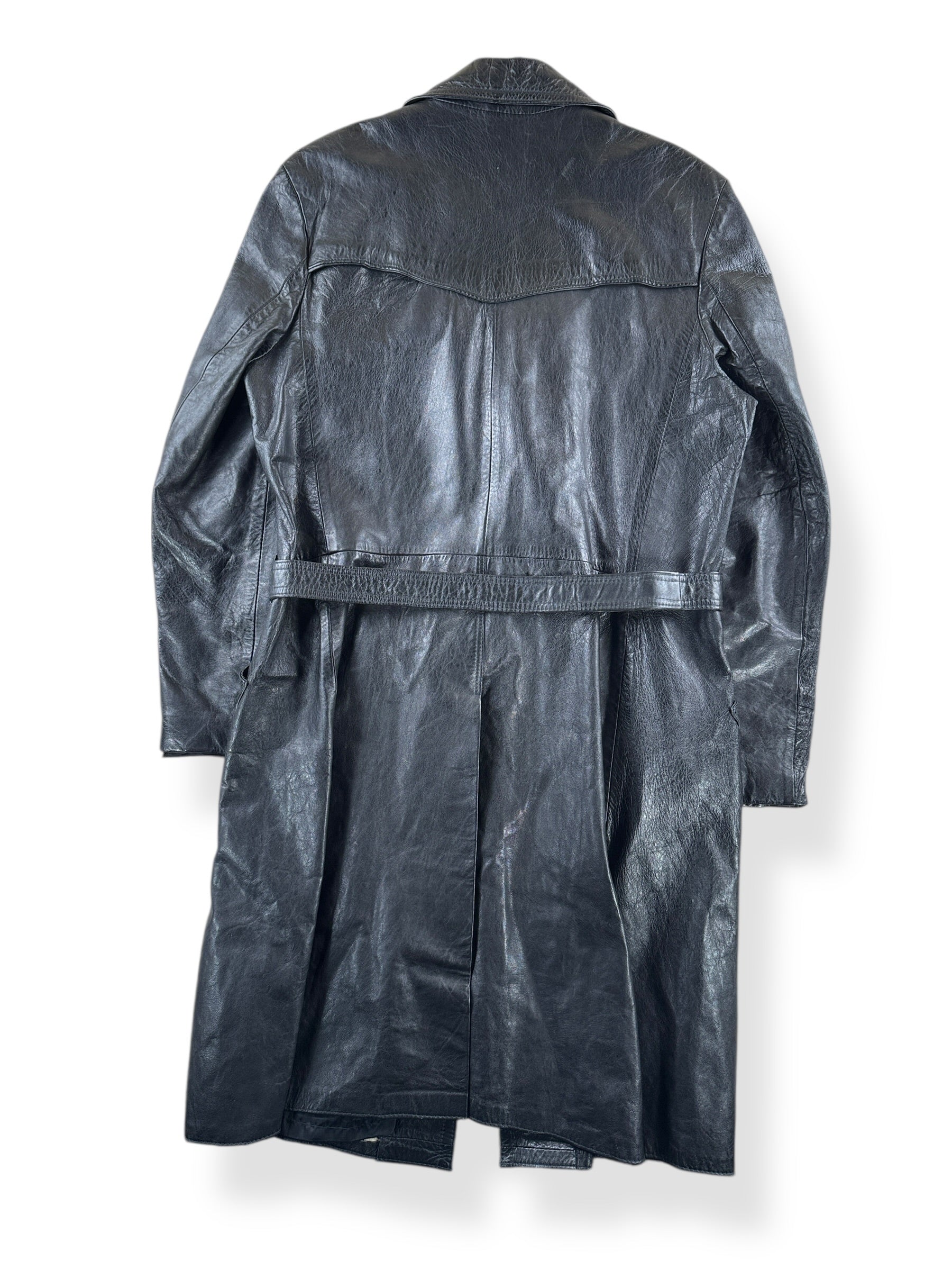 Back of Vintage 70s Black Leather Trench Coat SZ 46