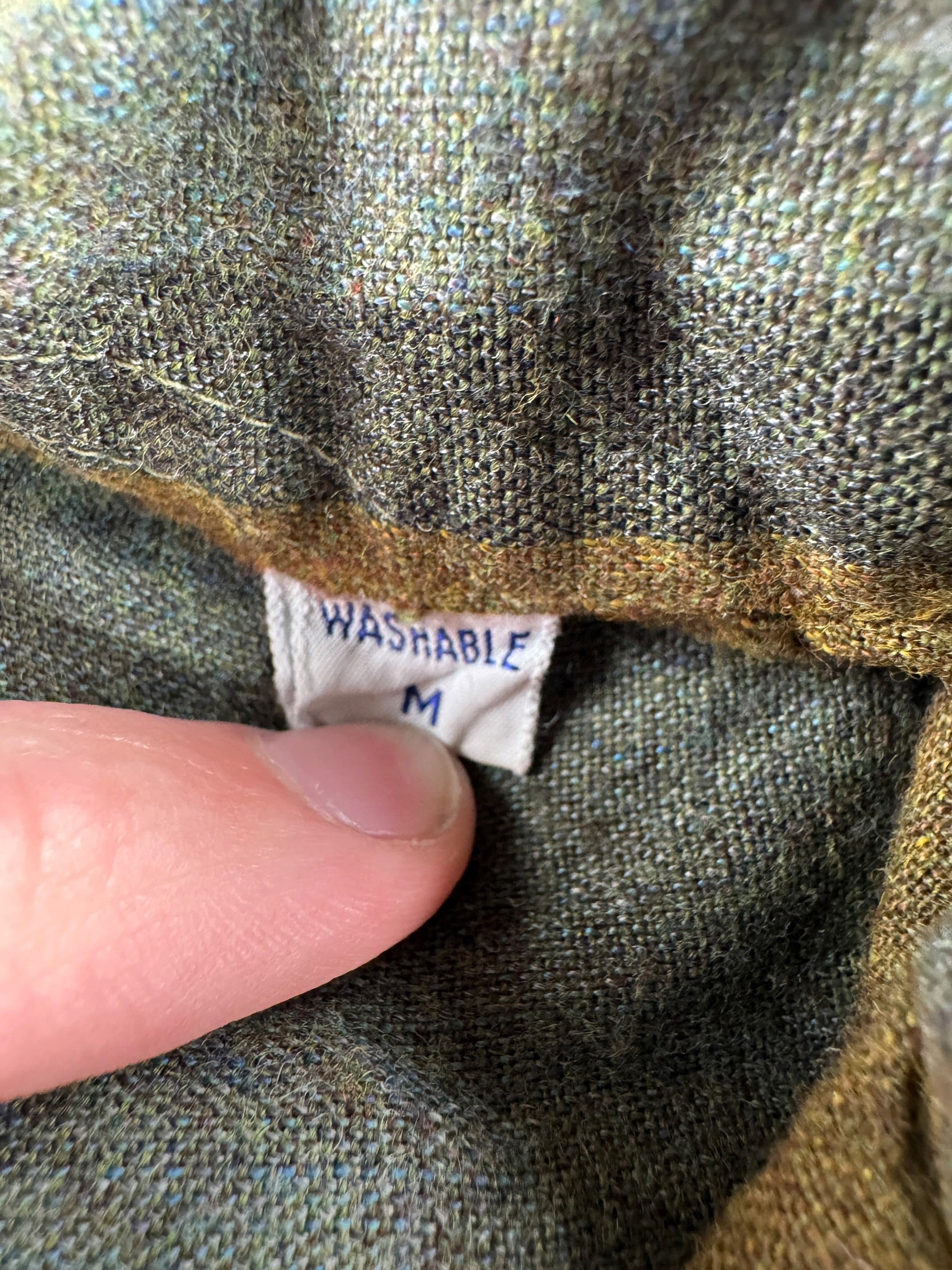 Tag close up of Vintage Rayon Striped Long Sleeve Button Up SZ M