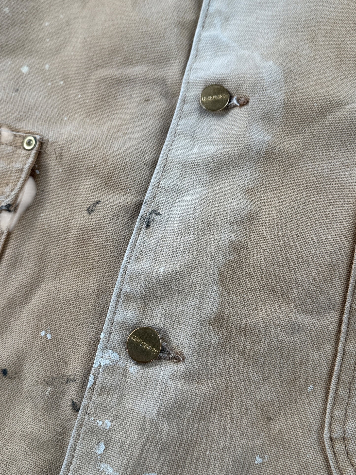 Buttons and fading on Vintage Carhartt Paint Splattered Chore Coat SZ XL