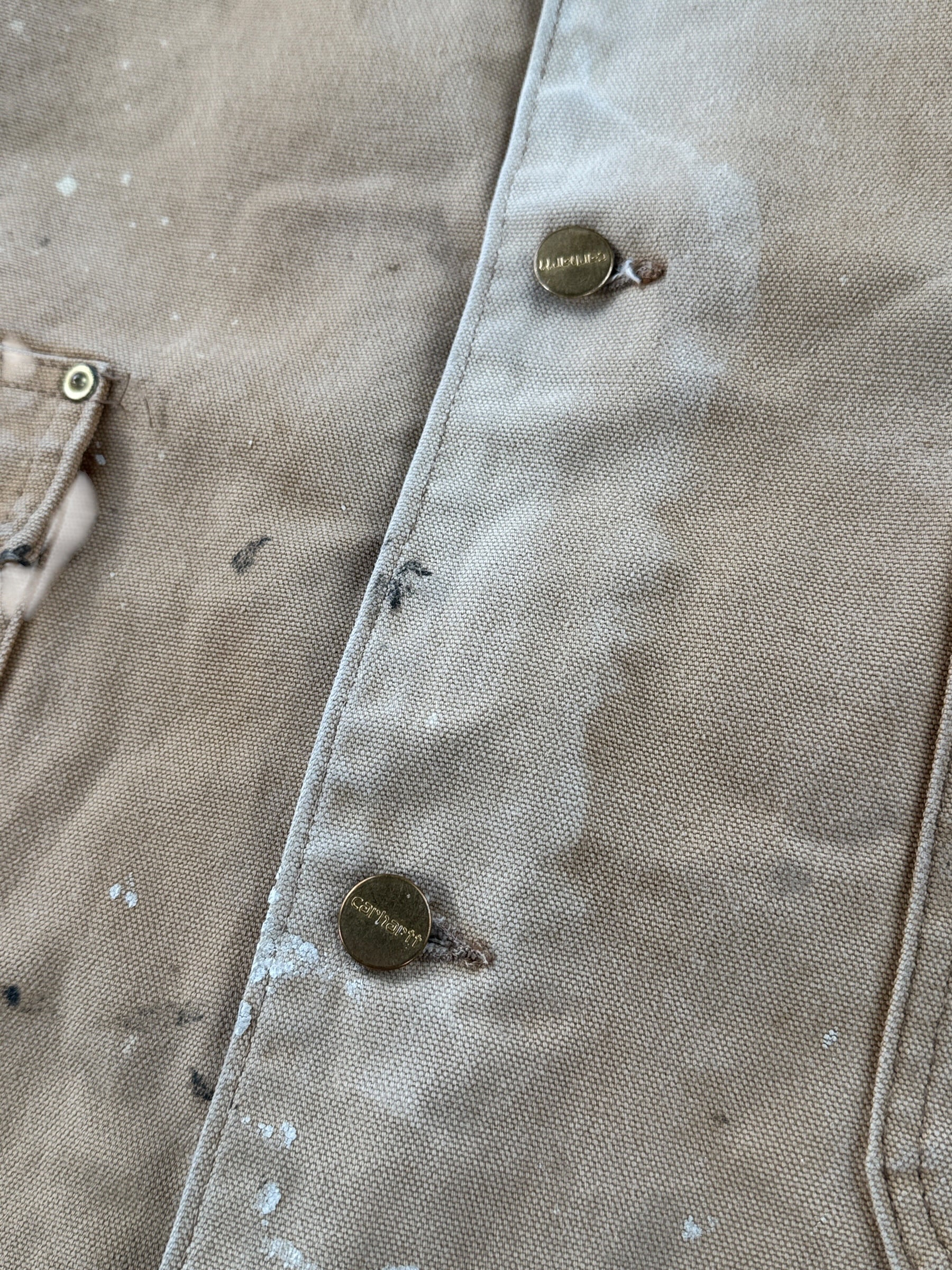 Buttons and fading on Vintage Carhartt Paint Splattered Chore Coat SZ XL