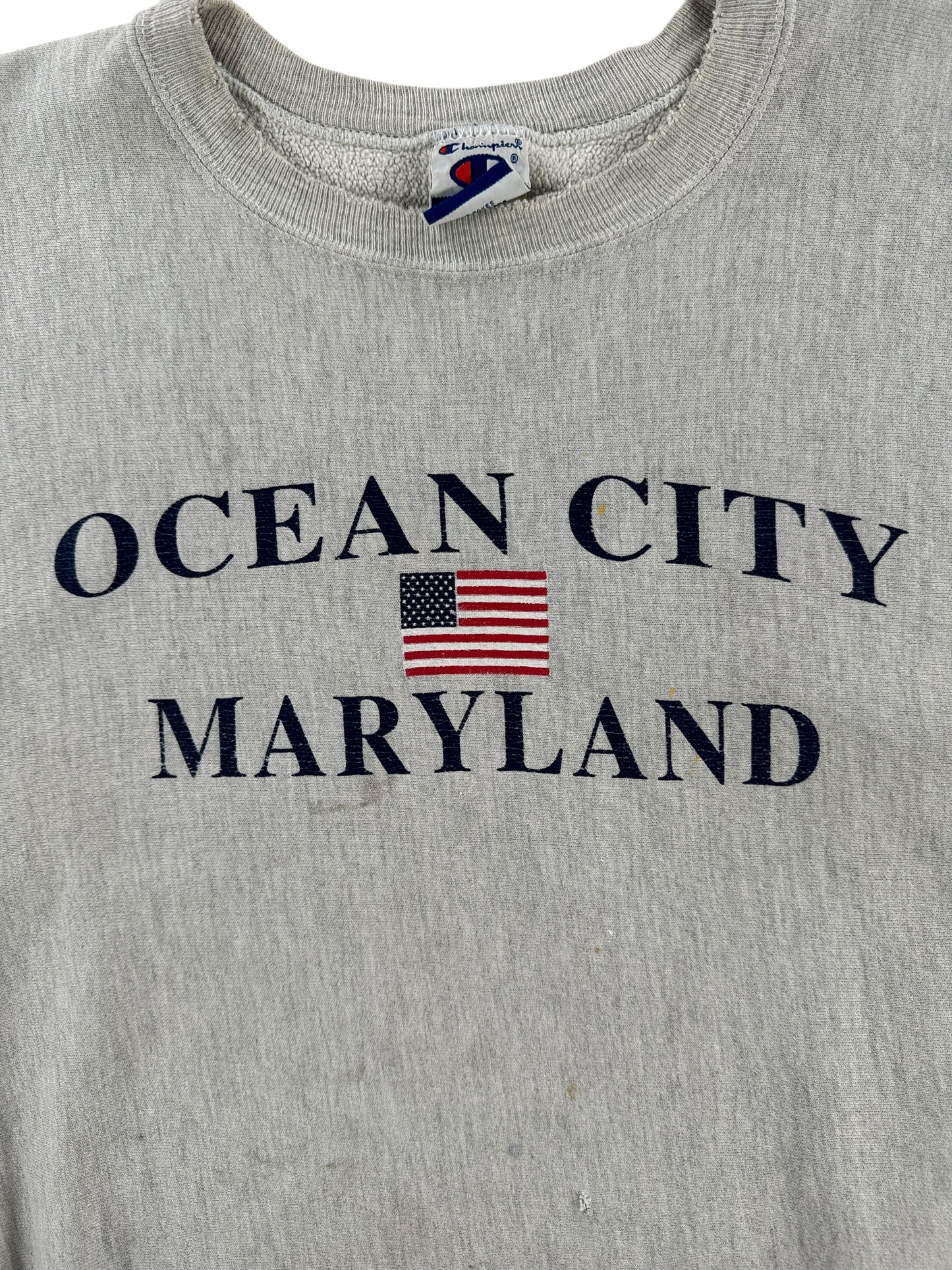 Front Graphic of Vintage Ocean City MD Champion Crewneck SZ XL