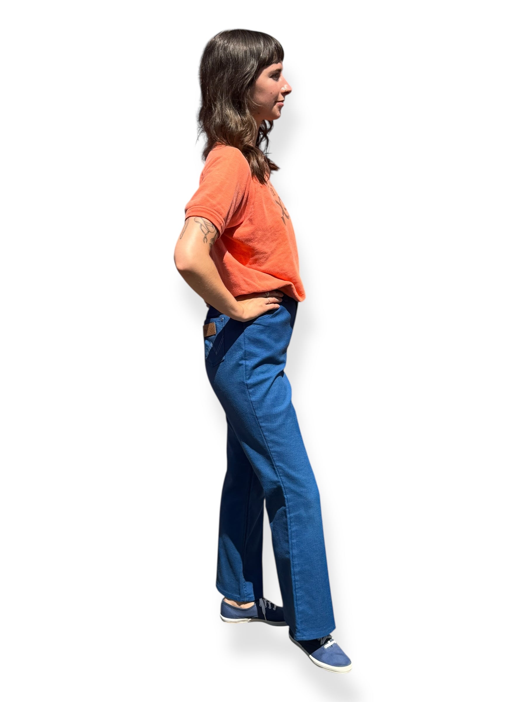 Side On Body View of Vintage Blue Miss Wrangler Jeans W32
