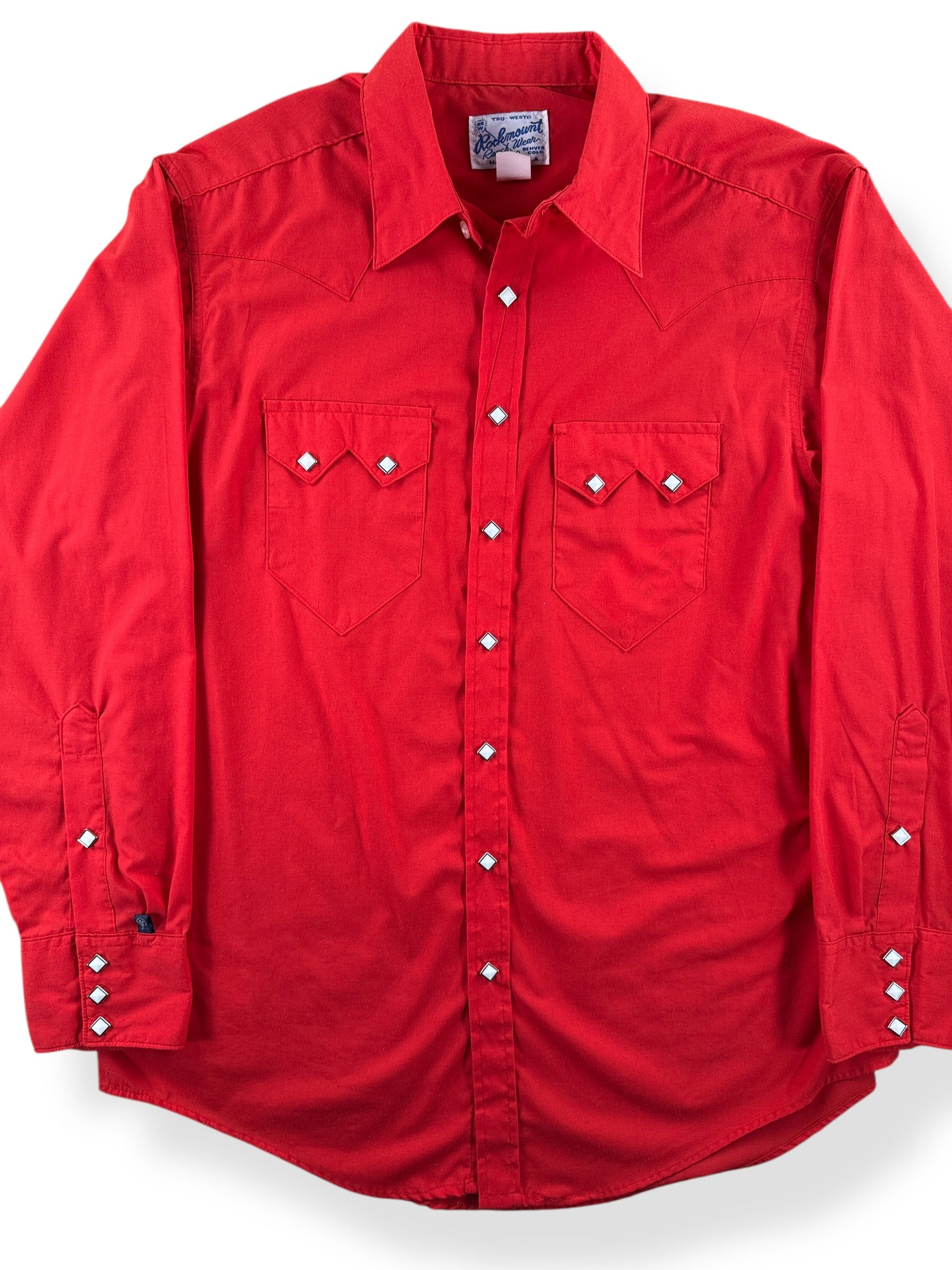 Front Close Up of Vintage Rockmount Red Sawtooth Pearl Snap SZ L
