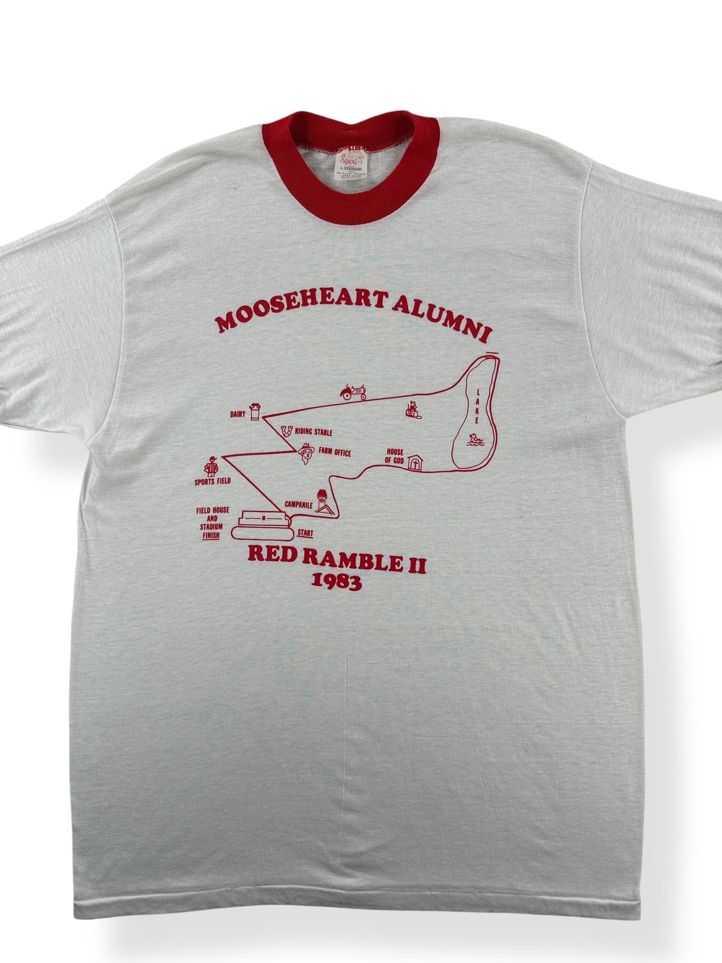 Front Close Up of Vintage Moose Heart Running Ringer Tee SZ M