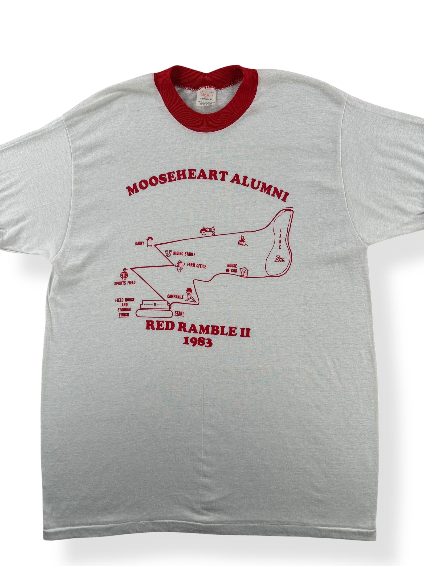 Front Close Up of Vintage Moose Heart Running Ringer Tee SZ M