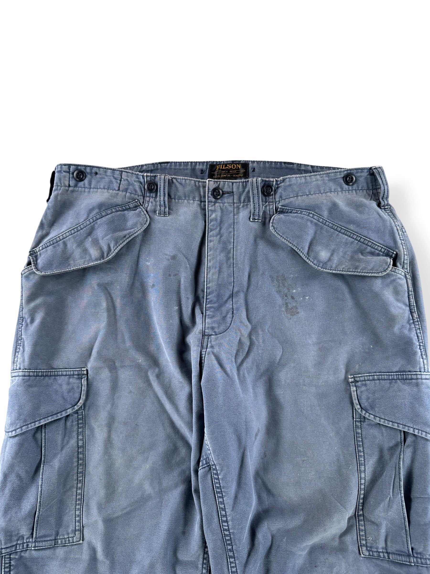 Front Close Up of Filson Blue Mussel Field Cargo Pants W36 (Fits W39) AS IS