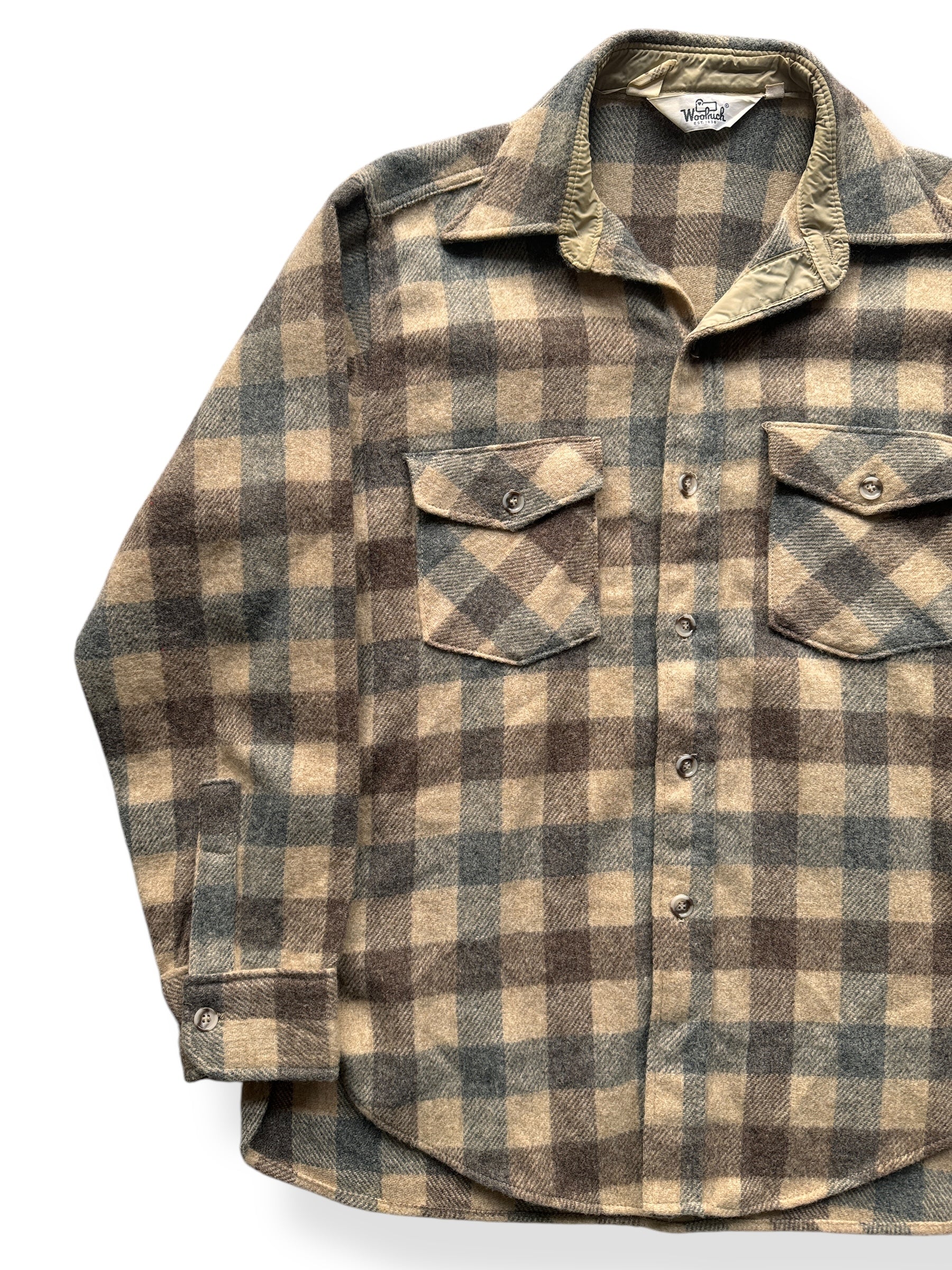 Front Right of Vintage Blue & Grey Woolrich Shirt Jac SZ L