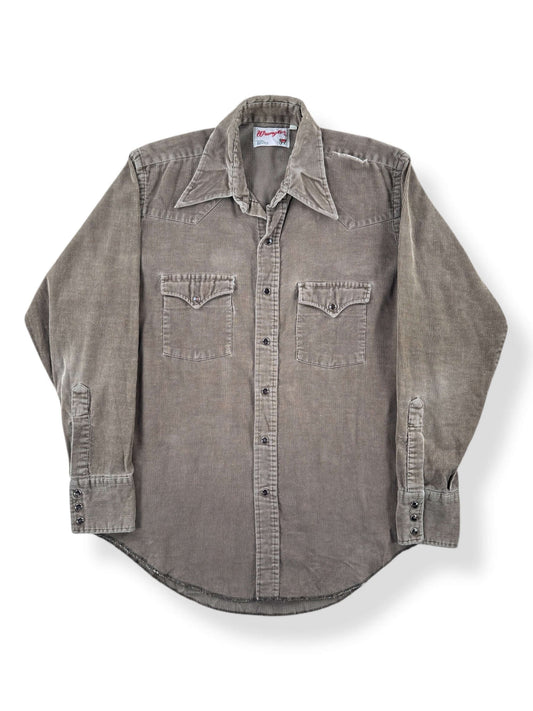 Front of Vintage Wrangler Brown Corduroy Pearl Snap Shirt SZ L AS IS