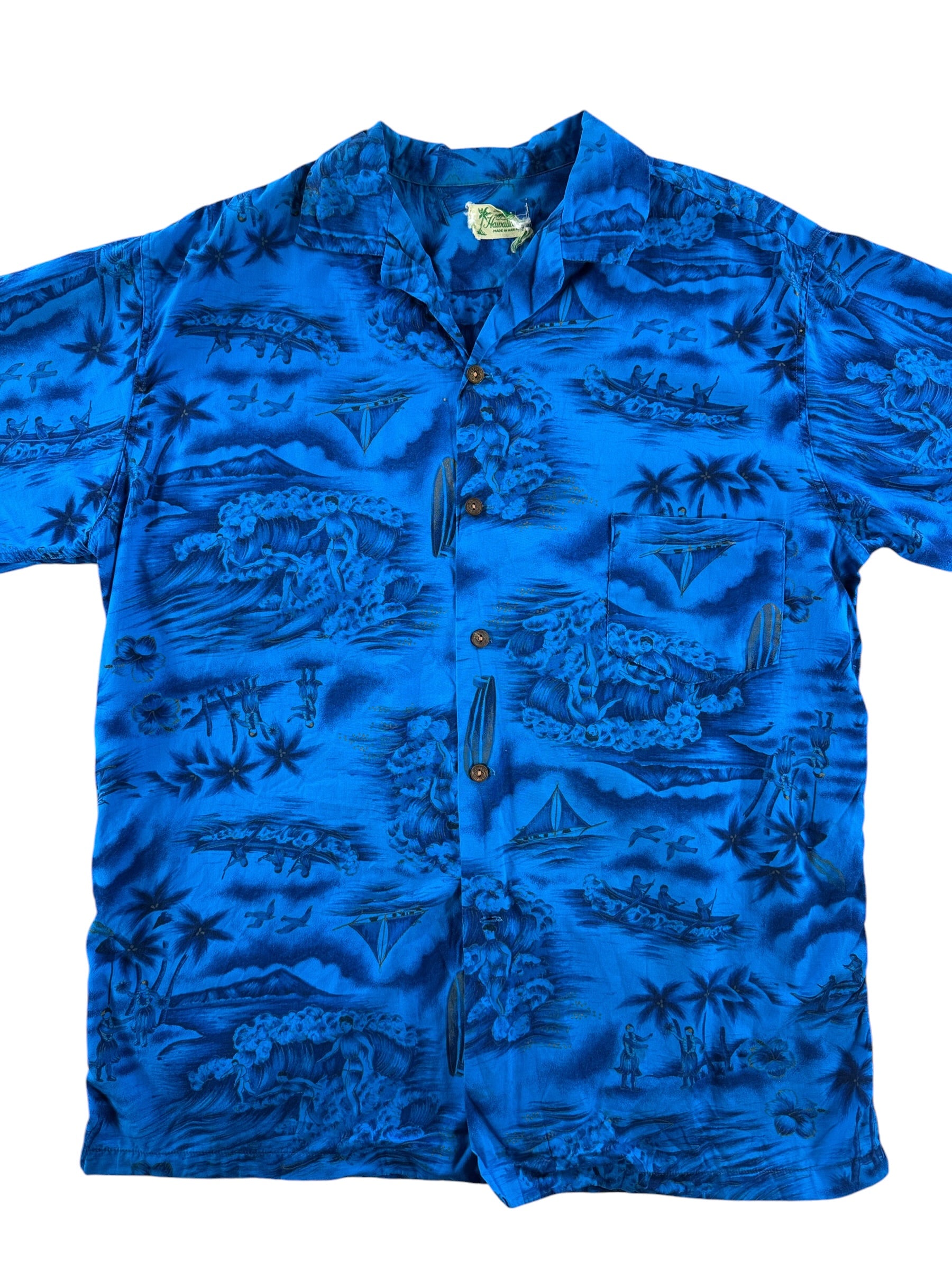 Front Close Up of Vintage Blue Hawaiian Cotton Aloha Shirt SZ L