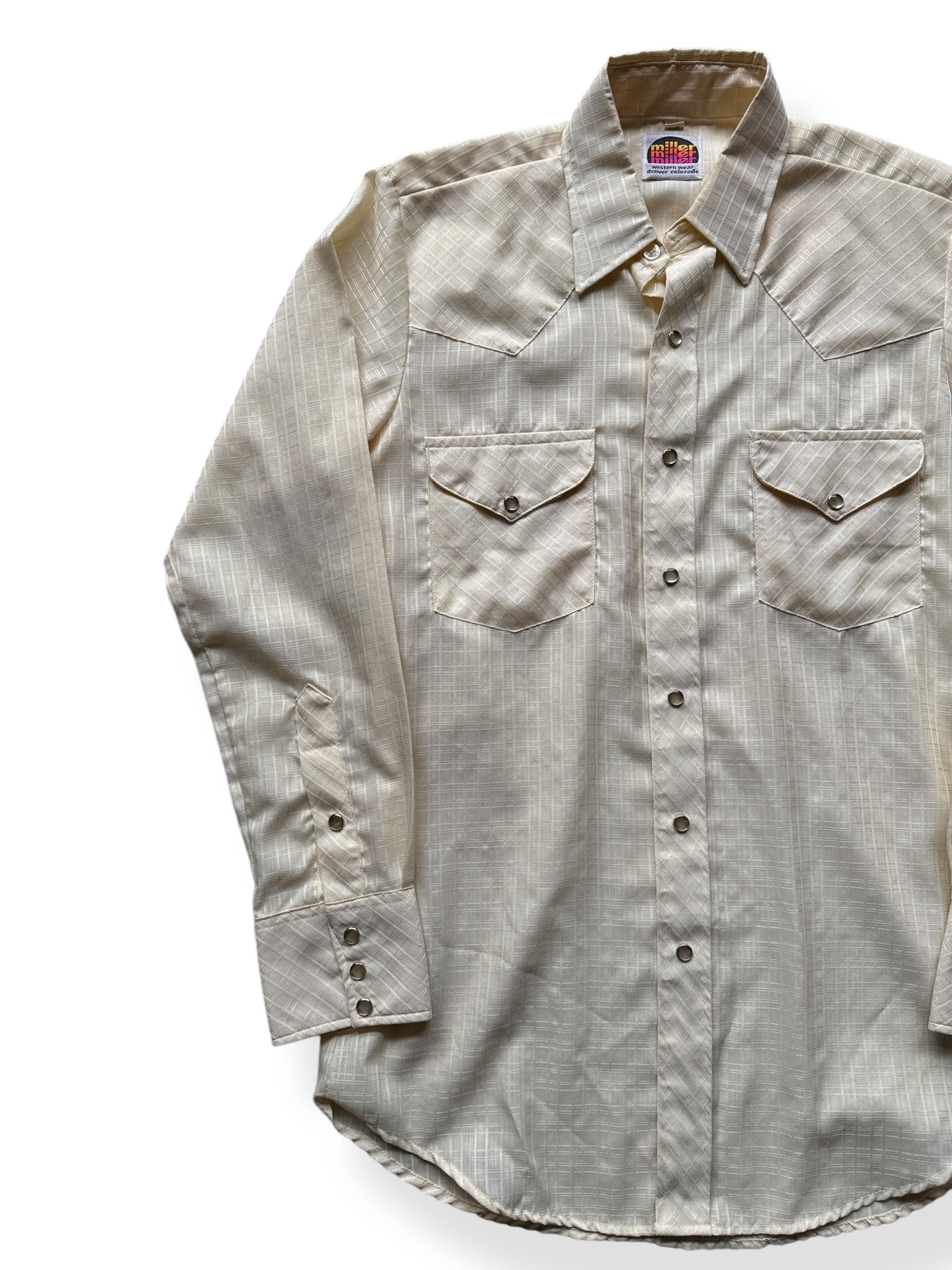 Front Right of Vintage Miller Western Wear Pearl Snap SZ L