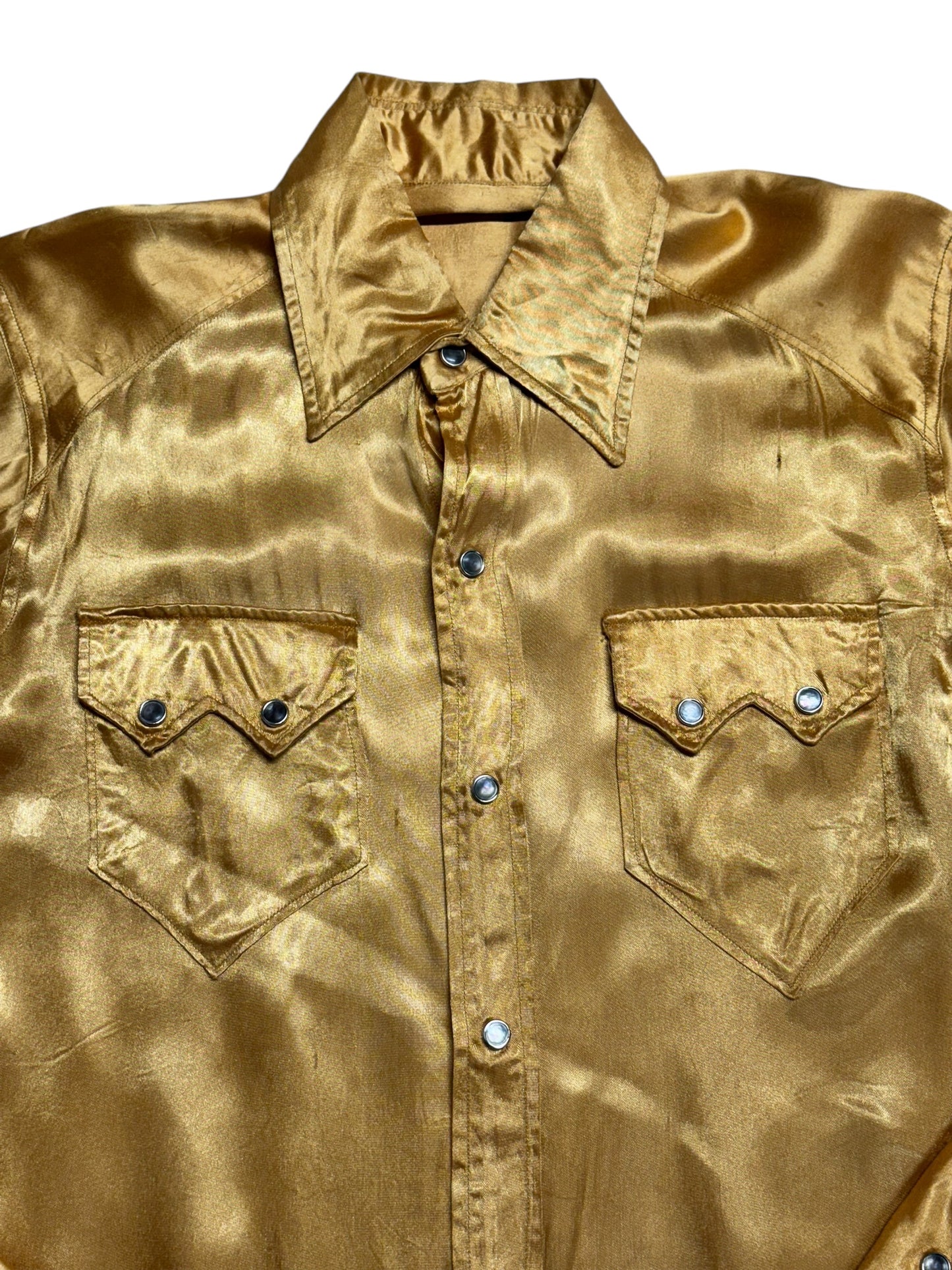 Collar of Vintage Gold Satin Pearlsnap Shirt M