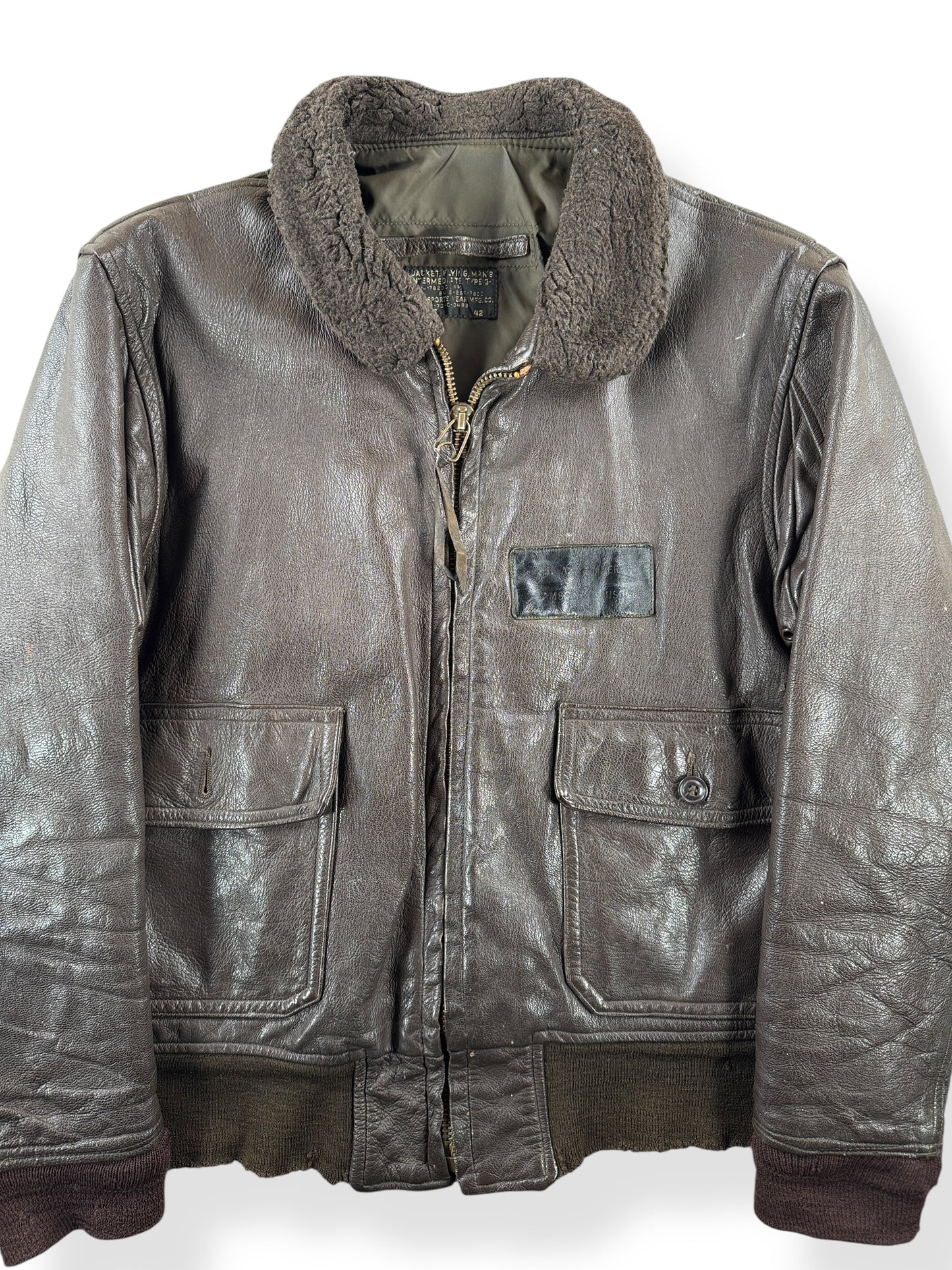 Front Close Up of Vintage Military G1 Leather Jacket SZ L
