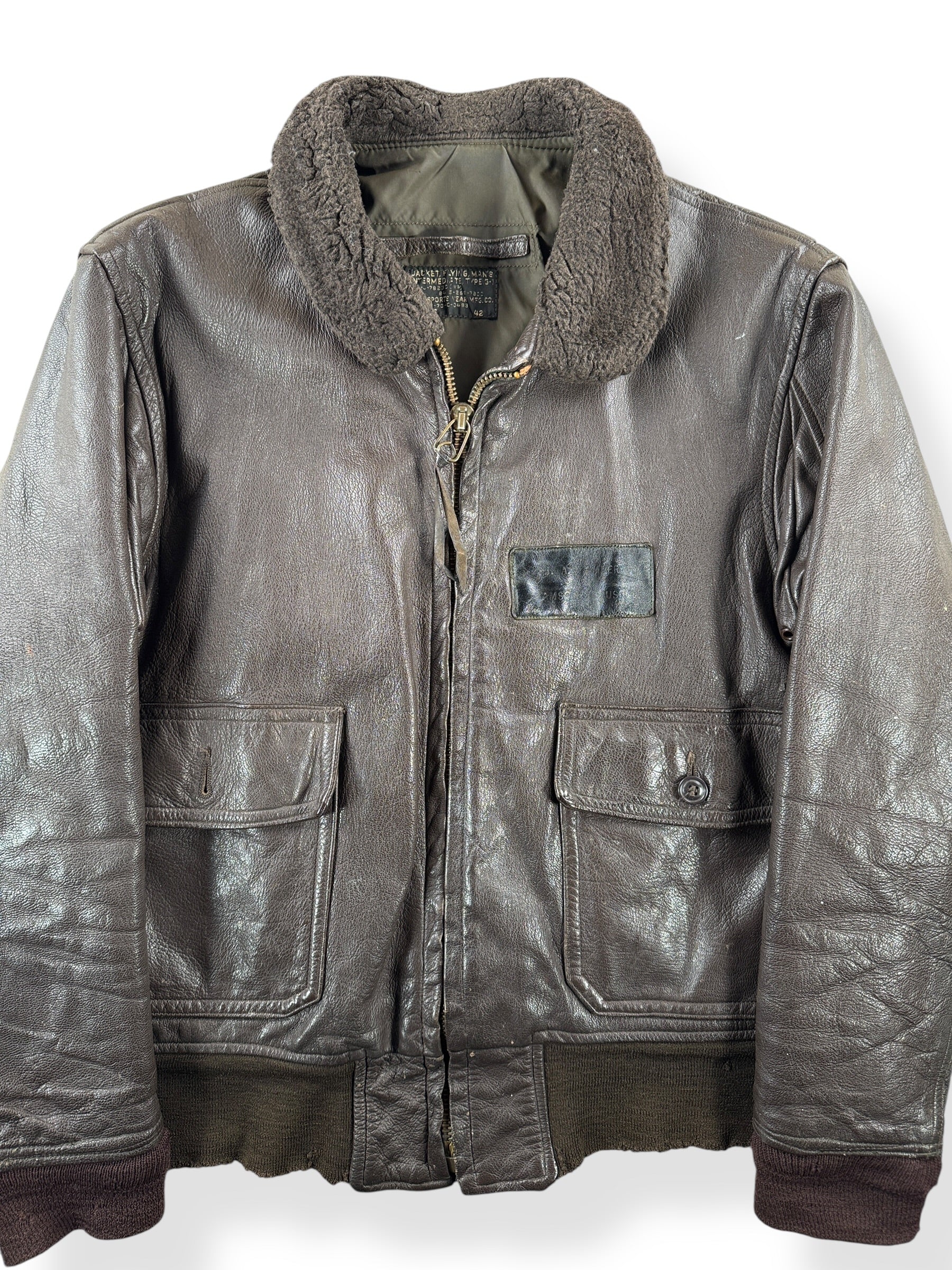 Front Close Up of Vintage Military G1 Leather Jacket SZ L