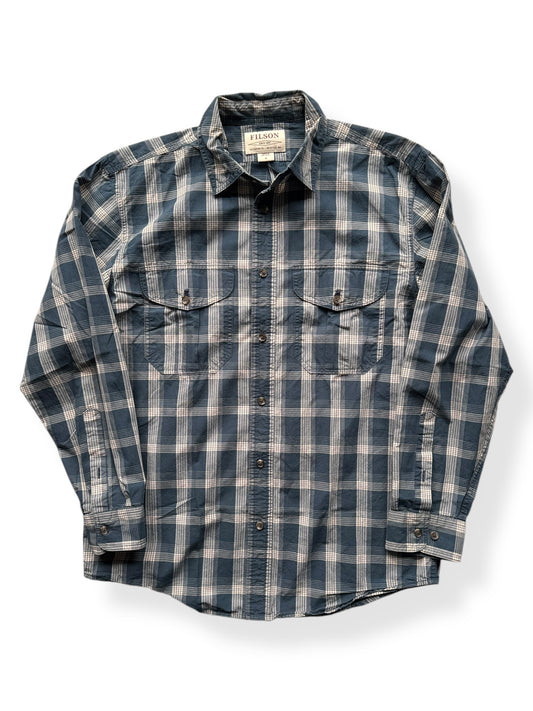 Front of Filson Blue Plaid Feather Cloth Shirt SZ M