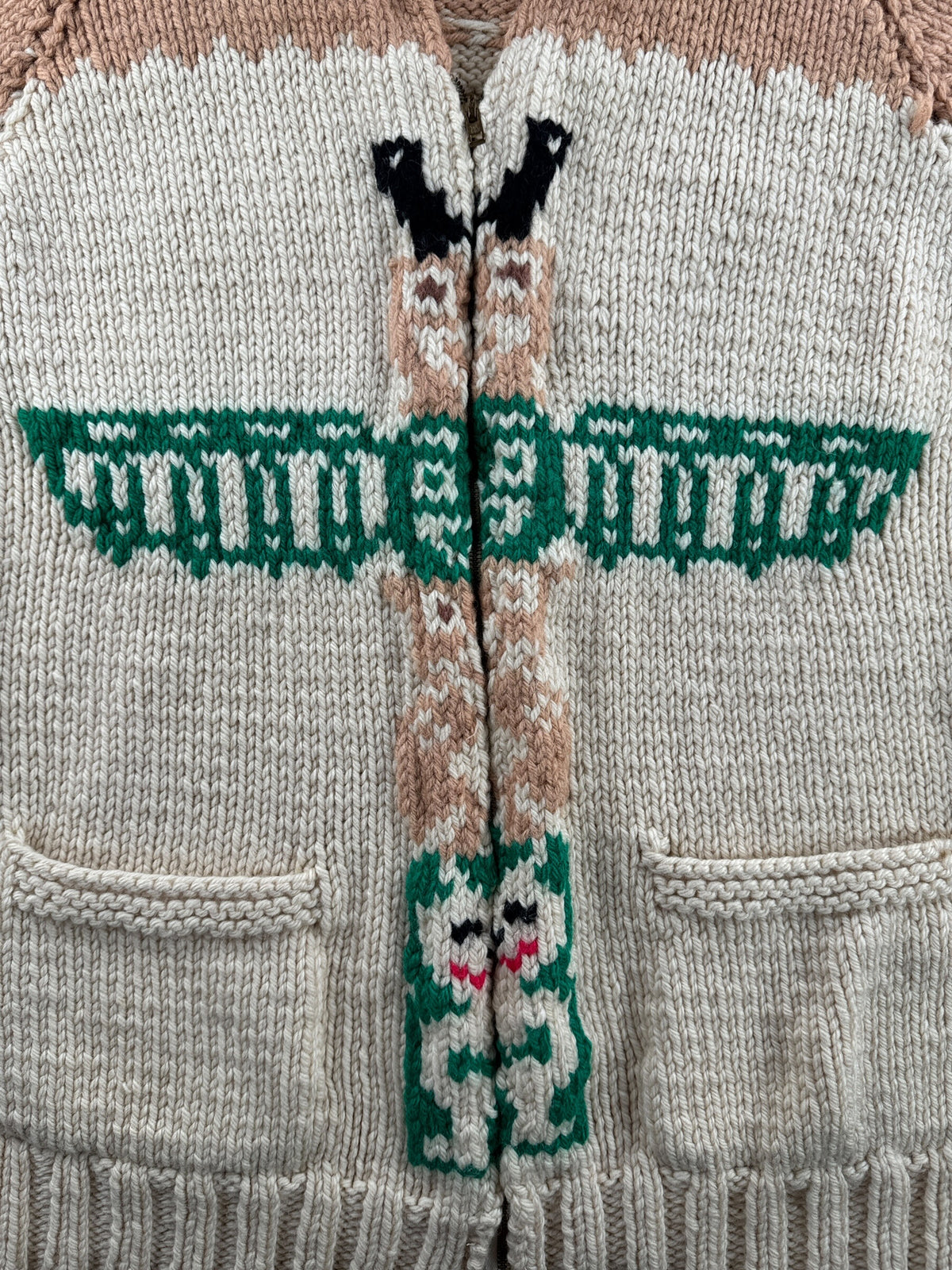 Front totem pattern on Vintage Totem Thunderbird Cowichan Style Sweater SZ L