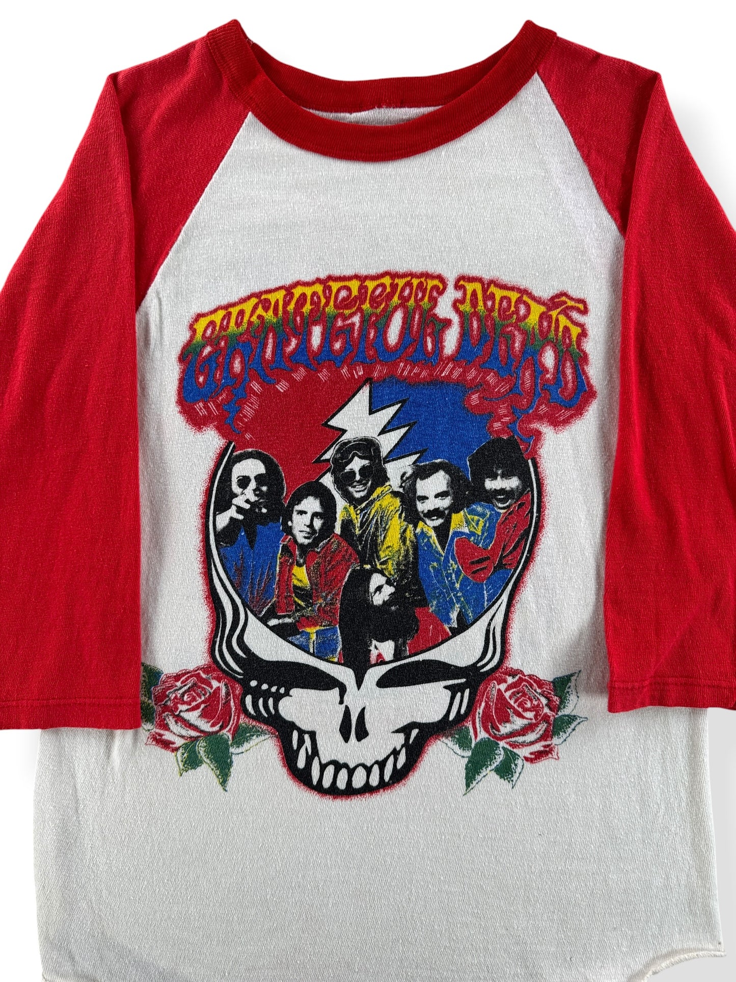 Front Close Up of Vintage Grateful Dead Let's Boogie Parking Lot Boot Raglan Tee SZ S