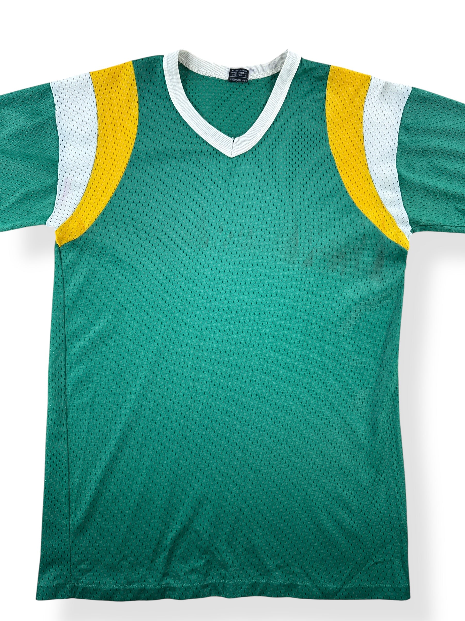 Front Close Up of Vintage Green and Yellow Warm Up Jersey SZ L (Fits M)