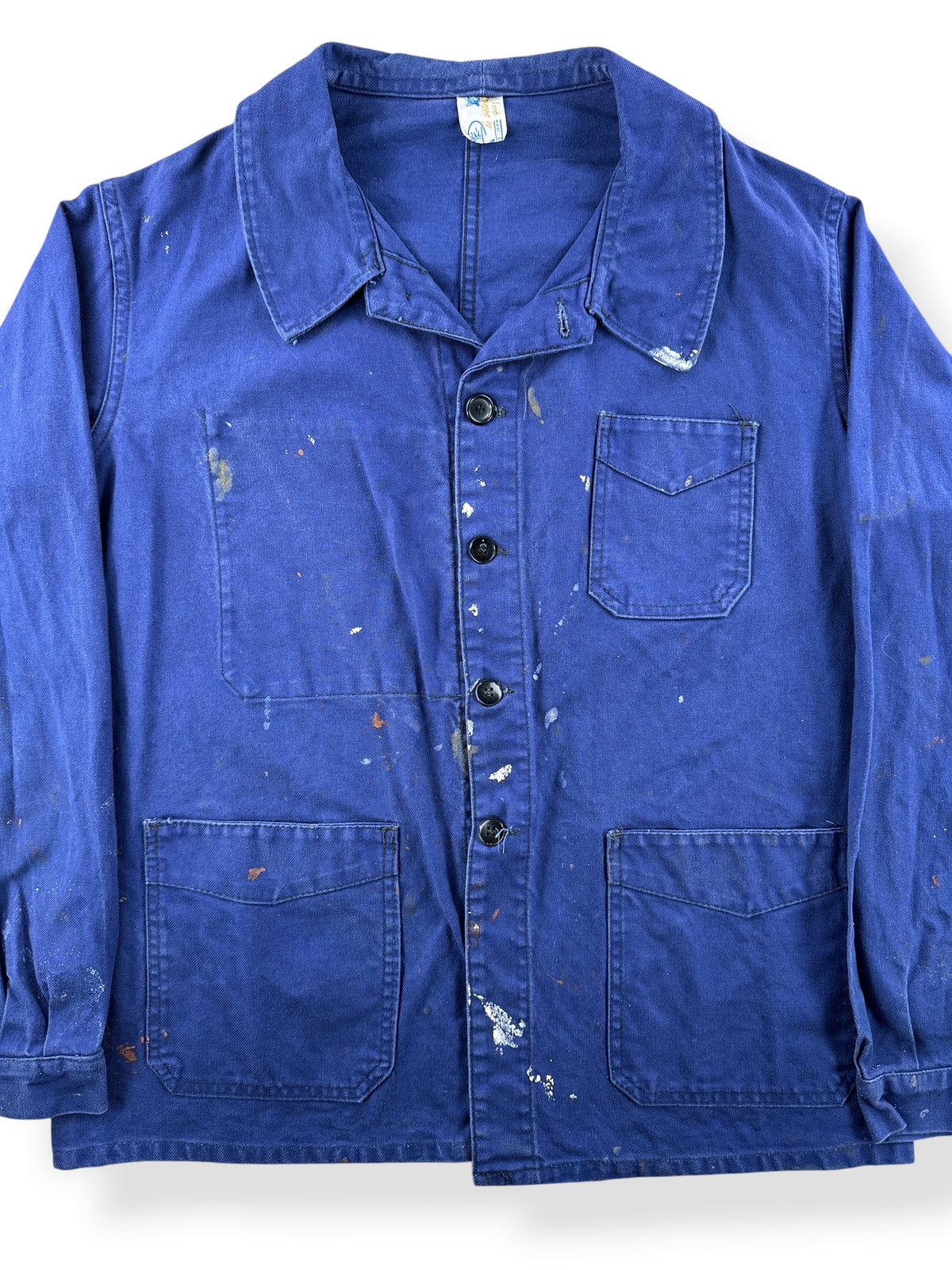 Close-up of Vintage Paint Splattered French Chore Coat SZ M