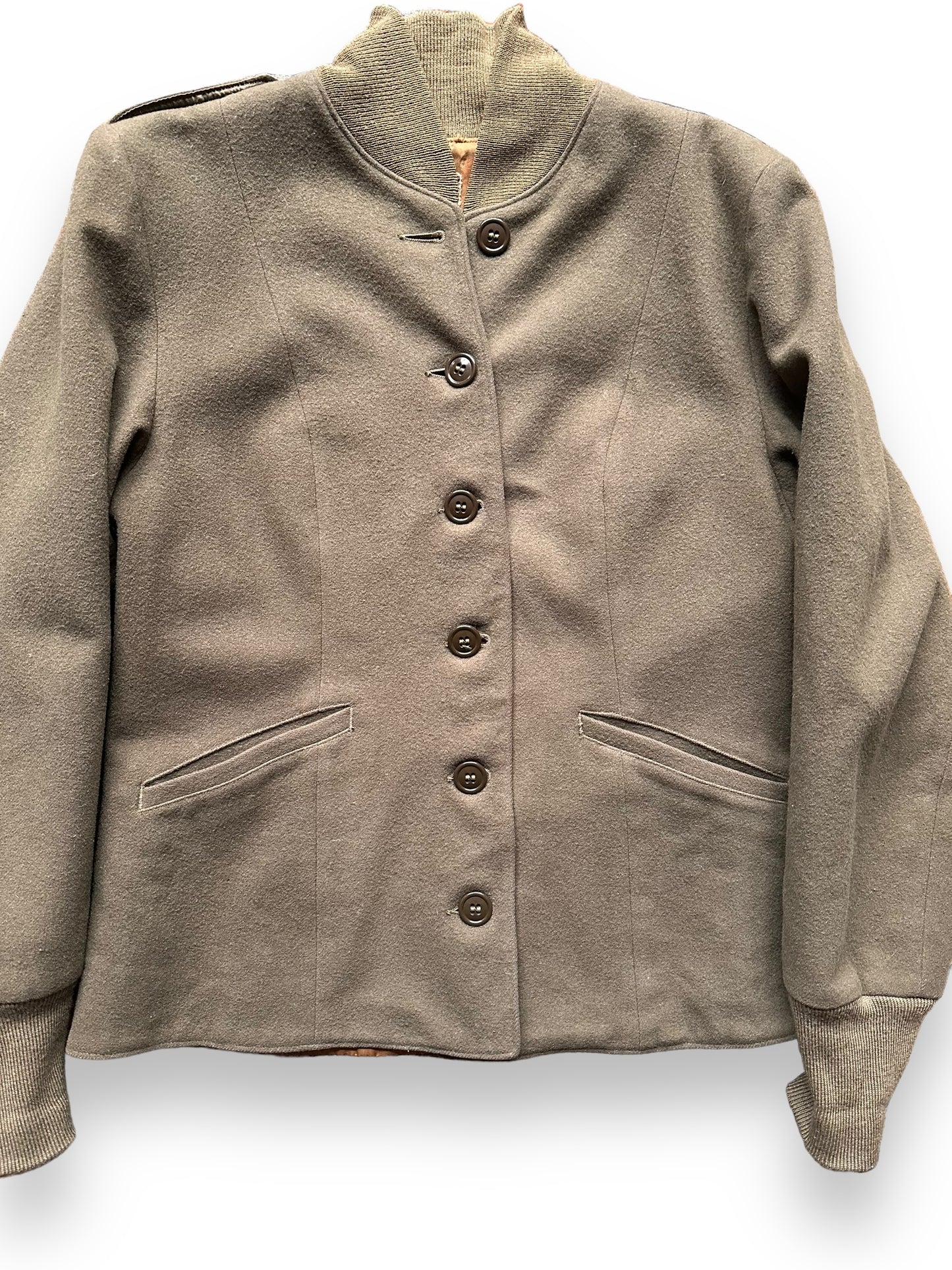 Front Detail on Vintage WWII Era Womens Wool Field Liner SZ 14R | Vintage M-1943 Wool Jacket Seattle | Barn Owl Vintage Seattle